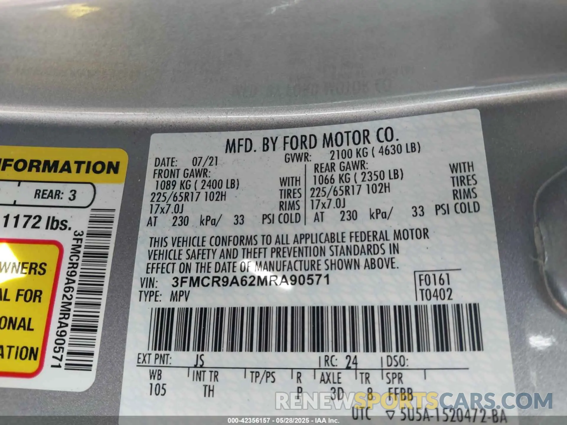 9 Photograph of a damaged car 3FMCR9A62MRA90571 FORD BRONCO SPORT 2021