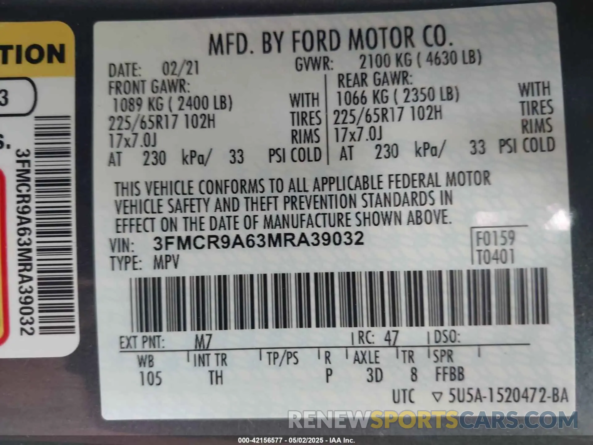 9 Photograph of a damaged car 3FMCR9A63MRA39032 FORD BRONCO SPORT 2021