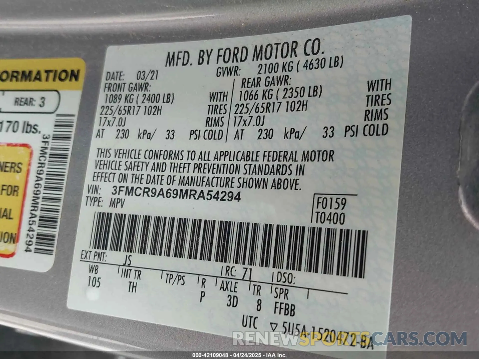9 Photograph of a damaged car 3FMCR9A69MRA54294 FORD BRONCO SPORT 2021