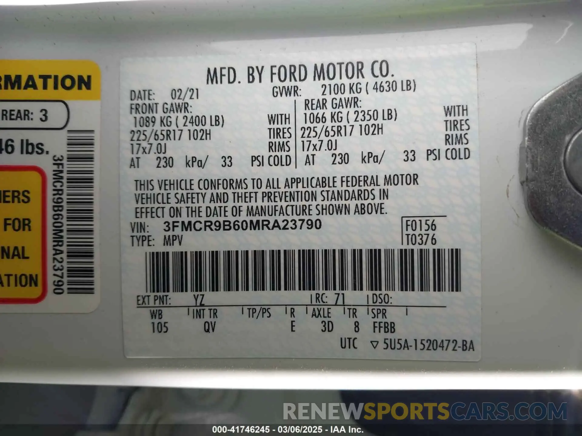 9 Photograph of a damaged car 3FMCR9B60MRA23790 FORD BRONCO SPORT 2021