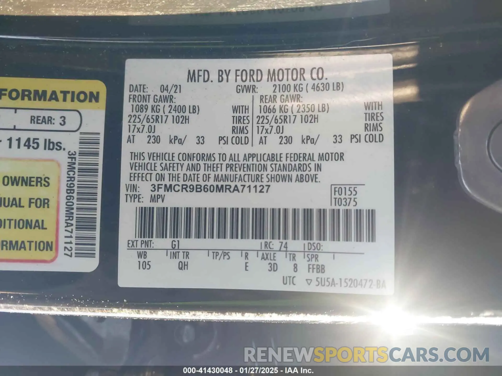 9 Photograph of a damaged car 3FMCR9B60MRA71127 FORD BRONCO SPORT 2021