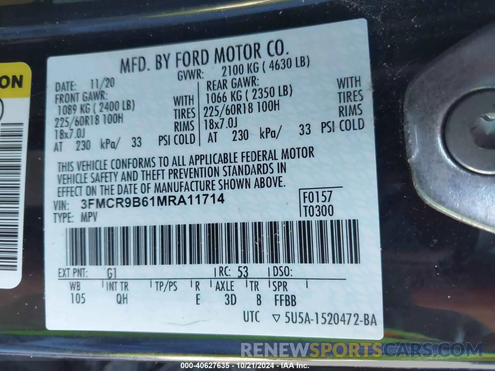 9 Photograph of a damaged car 3FMCR9B61MRA11714 FORD BRONCO SPORT 2021