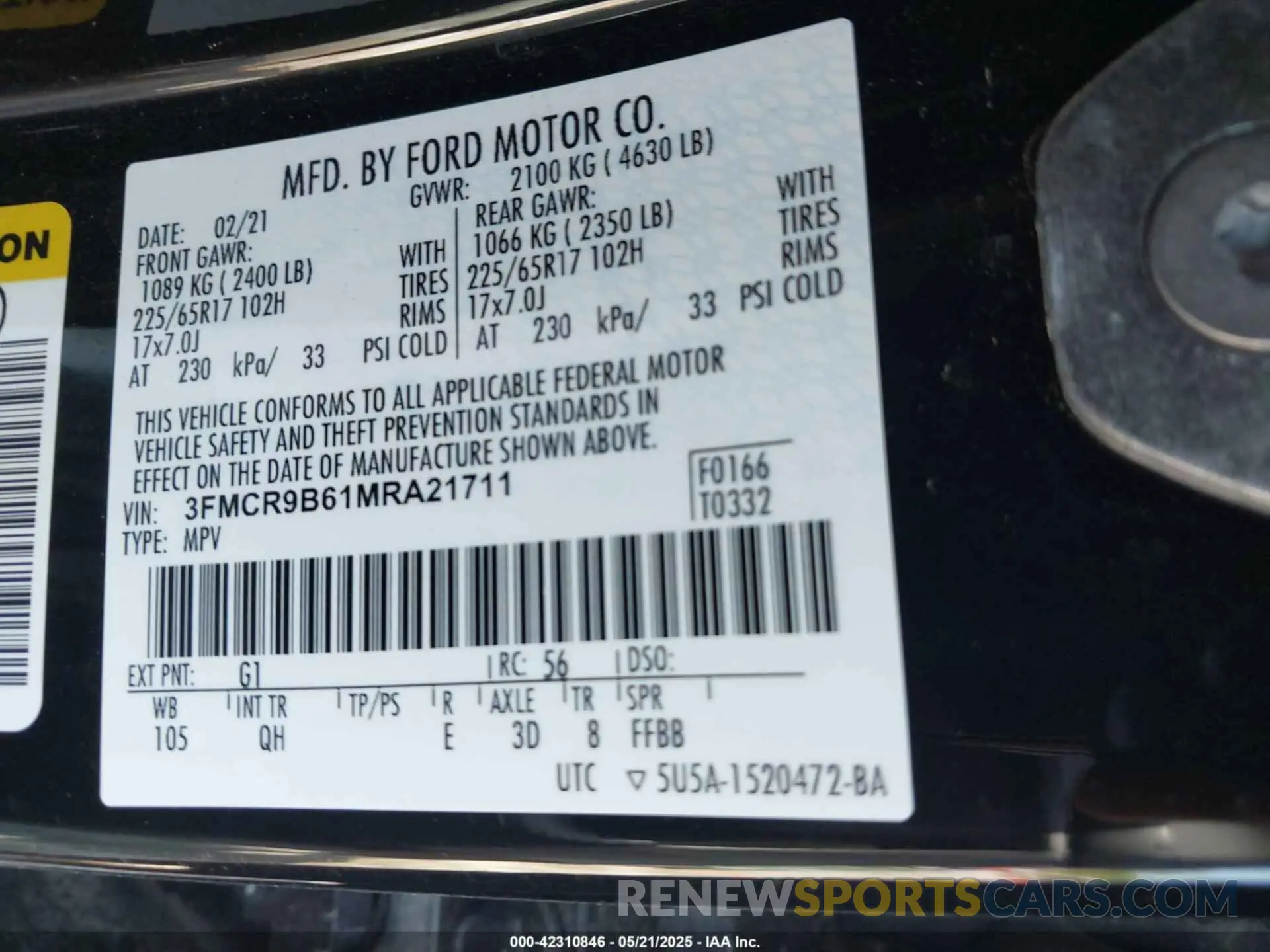 9 Photograph of a damaged car 3FMCR9B61MRA21711 FORD BRONCO SPORT 2021