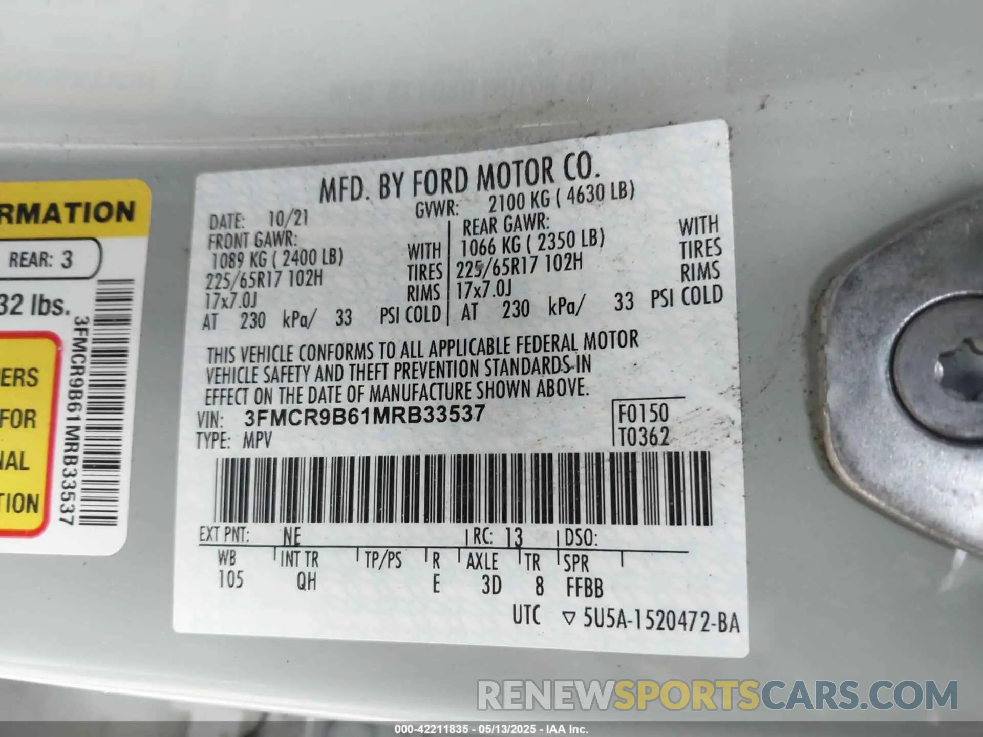 9 Photograph of a damaged car 3FMCR9B61MRB33537 FORD BRONCO SPORT 2021