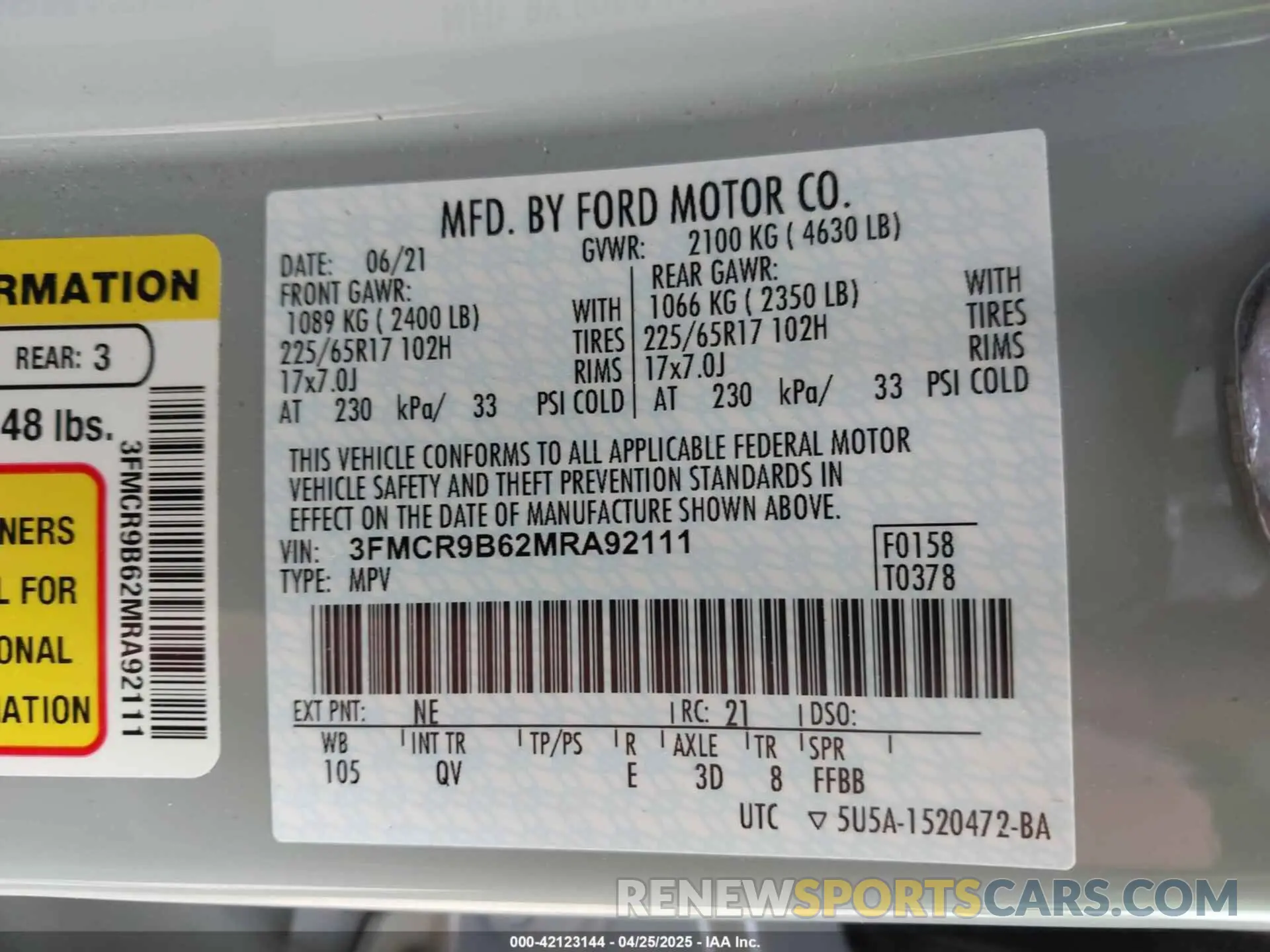 9 Photograph of a damaged car 3FMCR9B62MRA92111 FORD BRONCO SPORT 2021