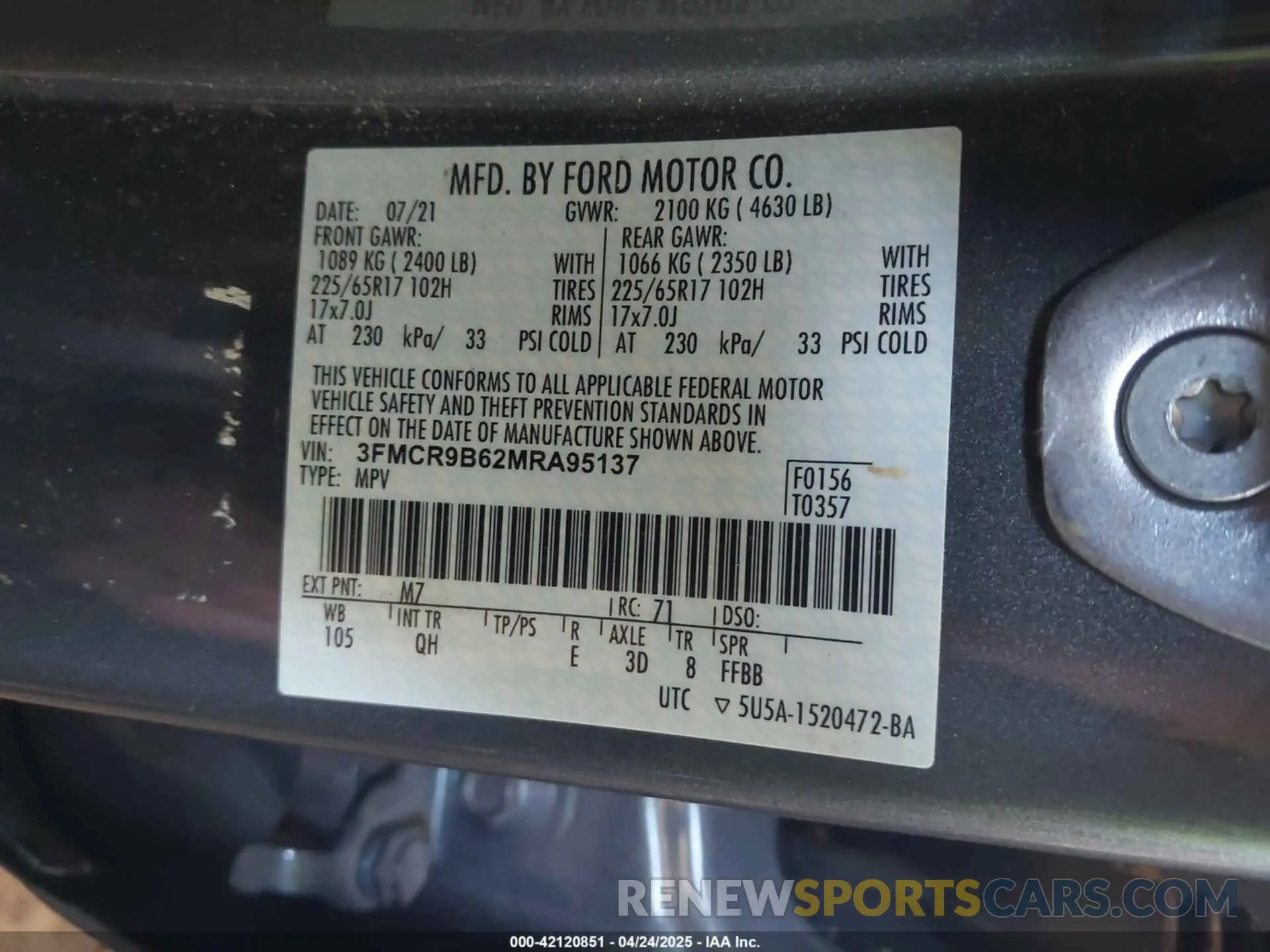 9 Photograph of a damaged car 3FMCR9B62MRA95137 FORD BRONCO SPORT 2021