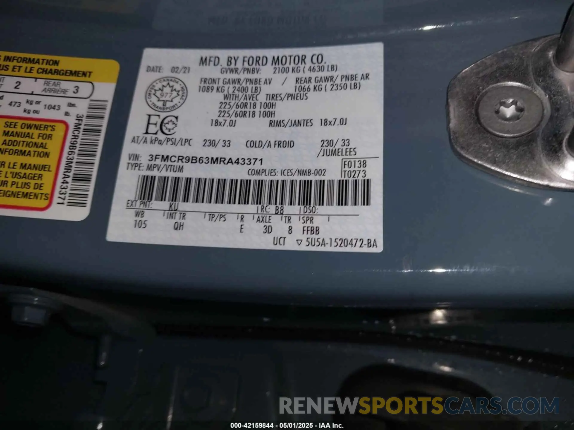 9 Photograph of a damaged car 3FMCR9B63MRA43371 FORD BRONCO SPORT 2021
