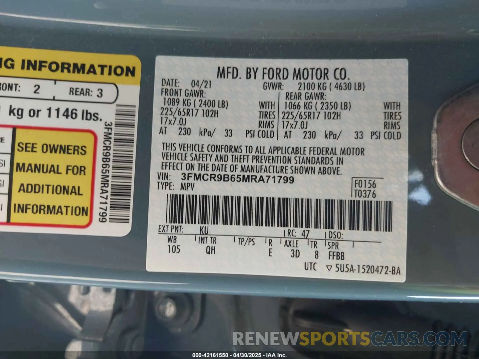 9 Photograph of a damaged car 3FMCR9B65MRA71799 FORD BRONCO SPORT 2021