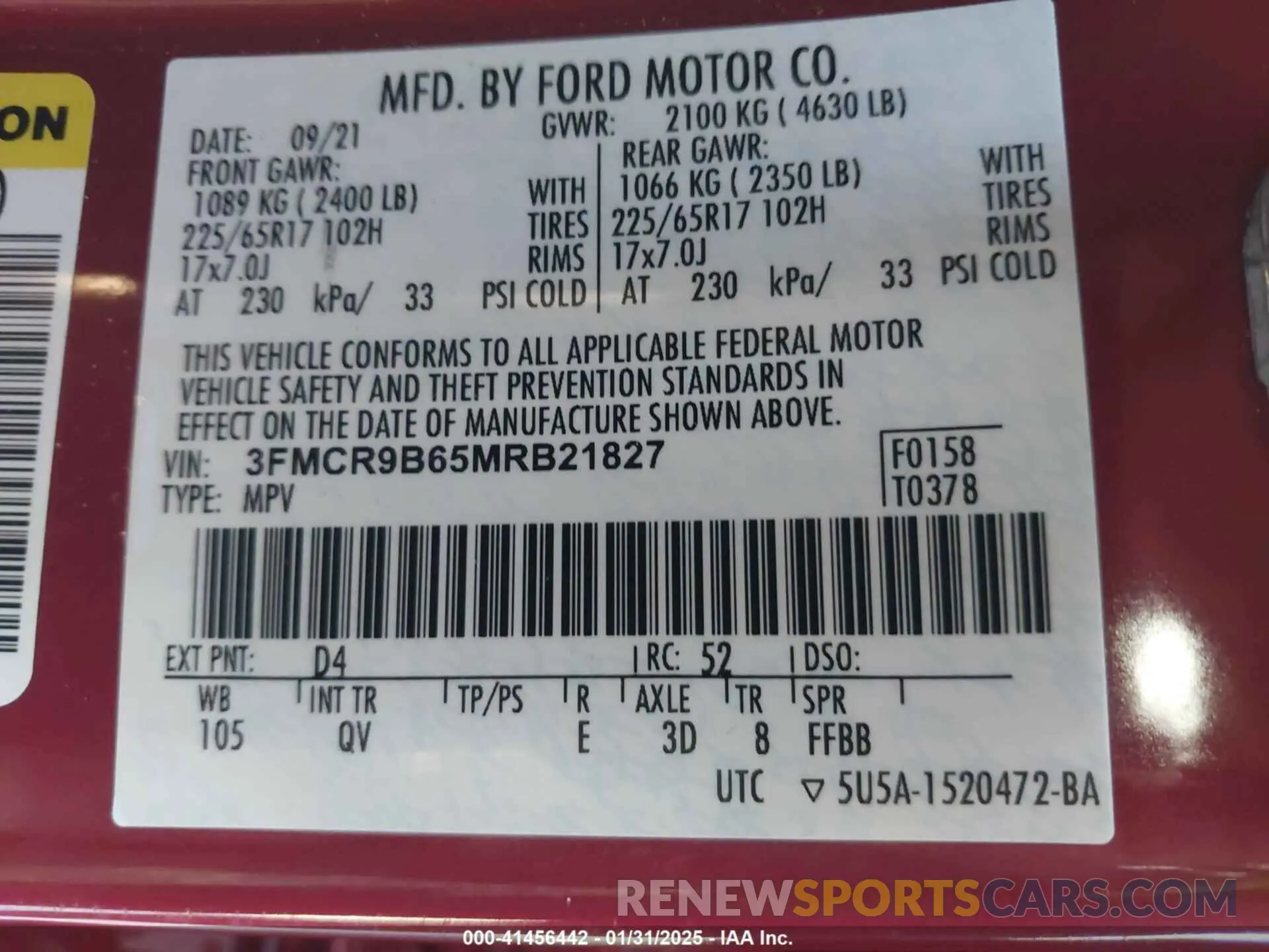 9 Photograph of a damaged car 3FMCR9B65MRB21827 FORD BRONCO SPORT 2021
