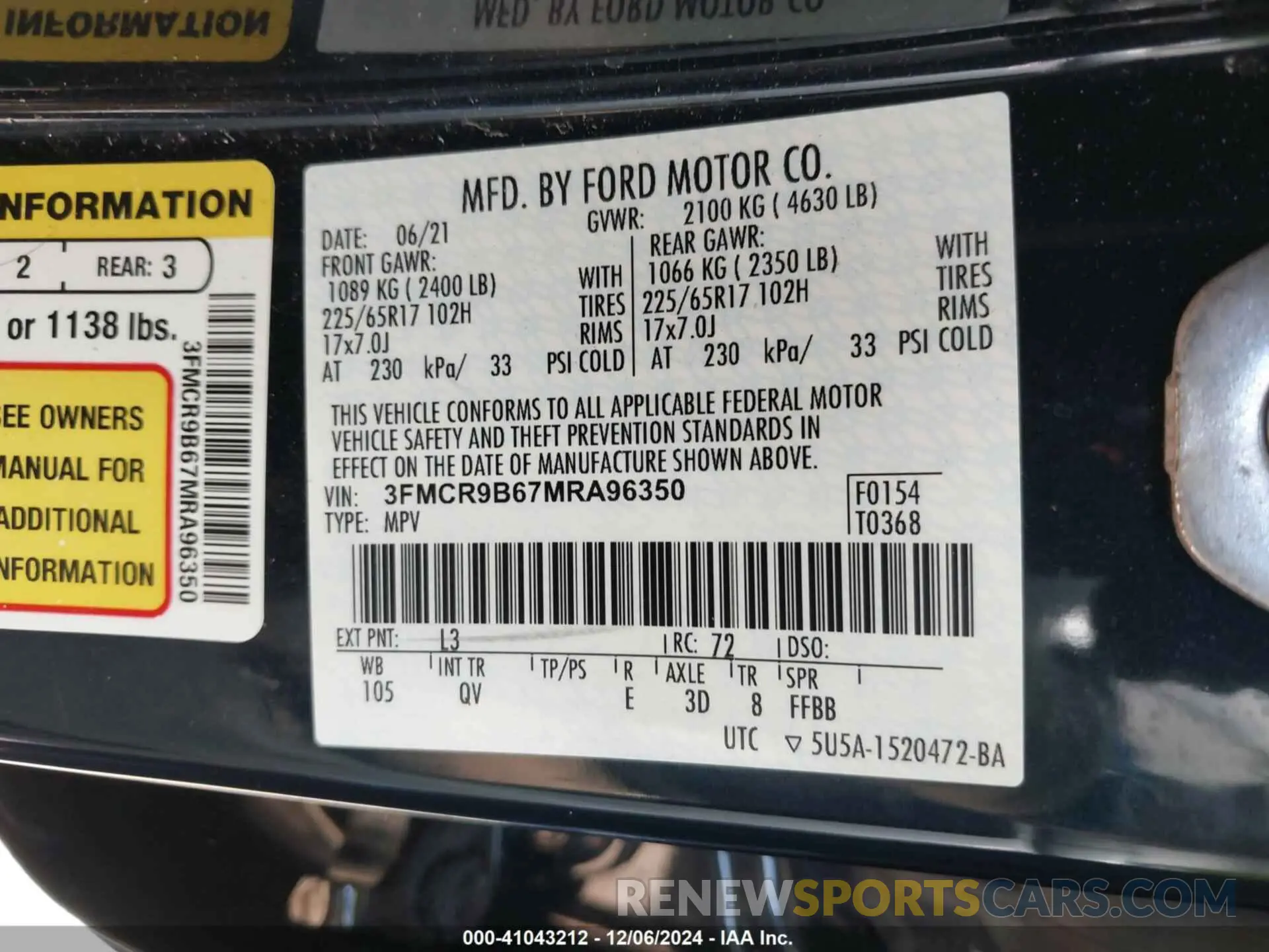 9 Photograph of a damaged car 3FMCR9B67MRA96350 FORD BRONCO SPORT 2021
