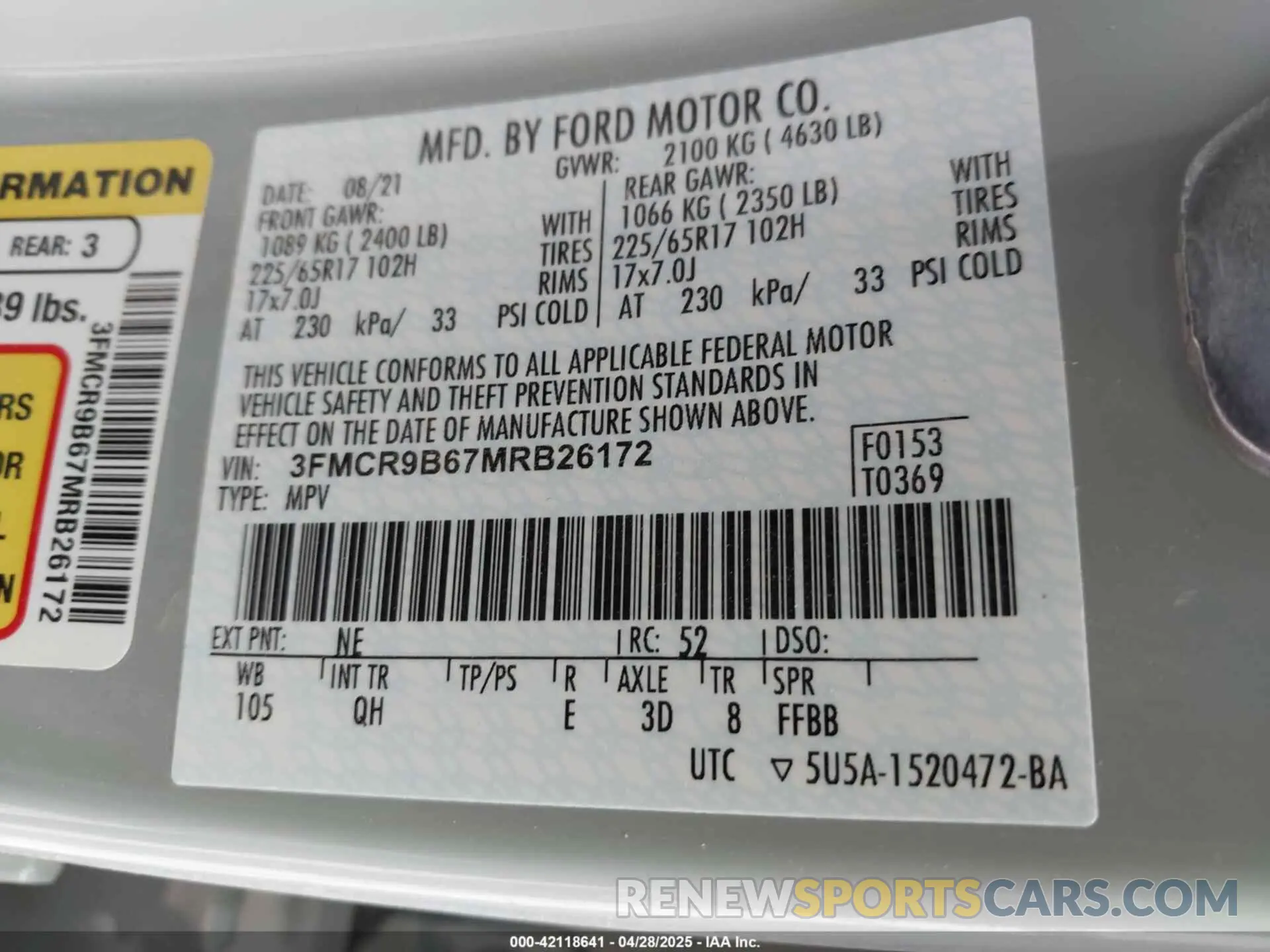 9 Photograph of a damaged car 3FMCR9B67MRB26172 FORD BRONCO SPORT 2021