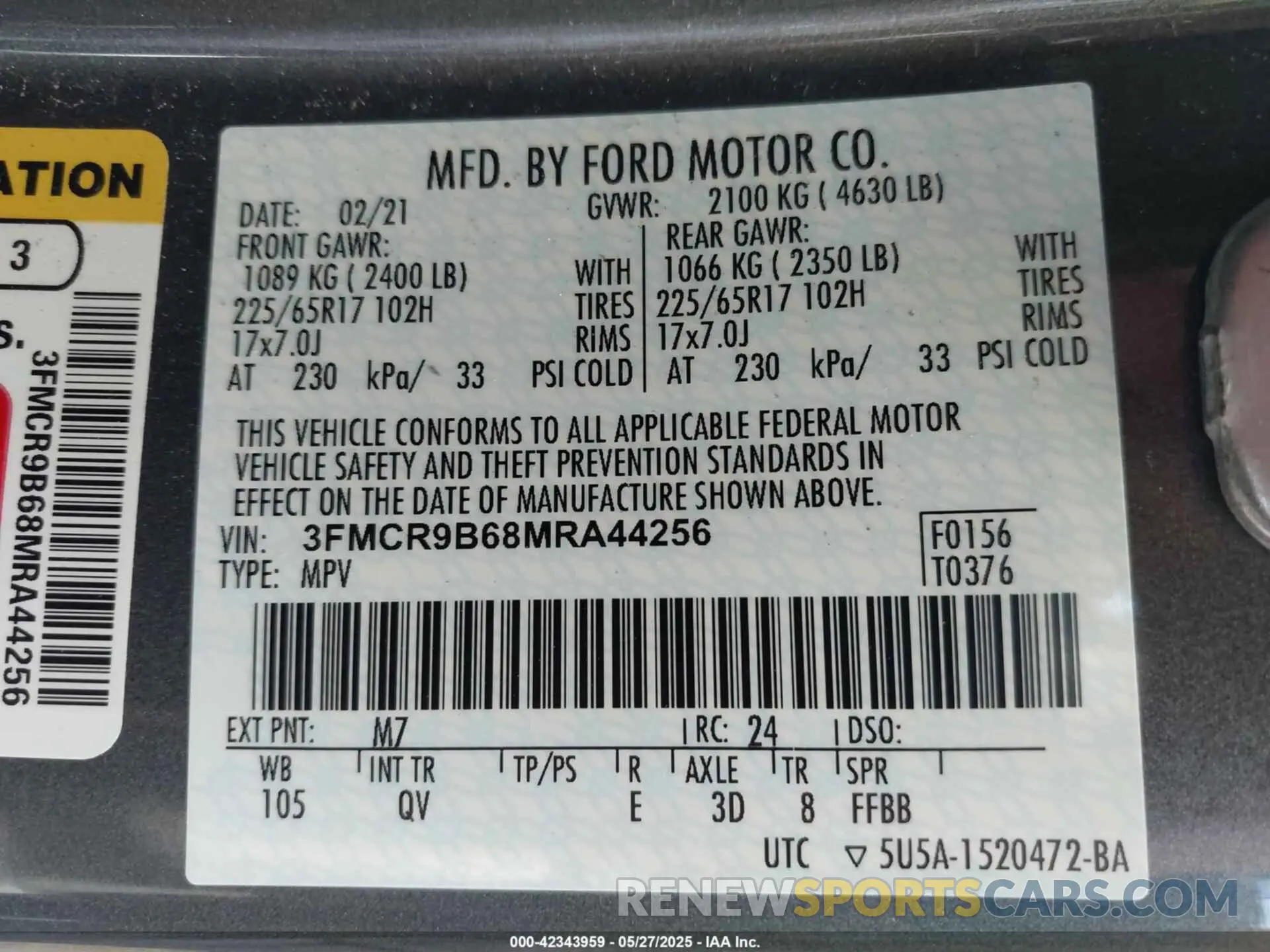 9 Photograph of a damaged car 3FMCR9B68MRA44256 FORD BRONCO SPORT 2021