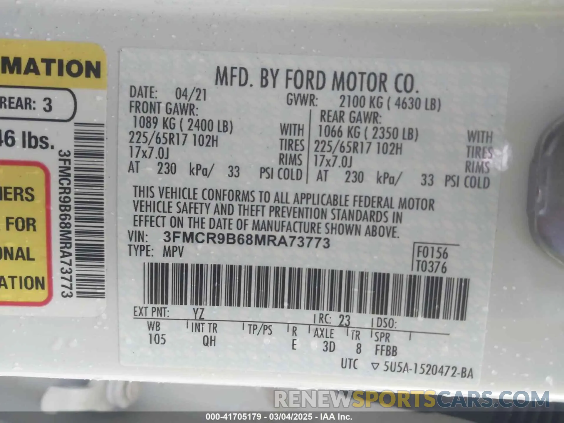 9 Photograph of a damaged car 3FMCR9B68MRA73773 FORD BRONCO SPORT 2021