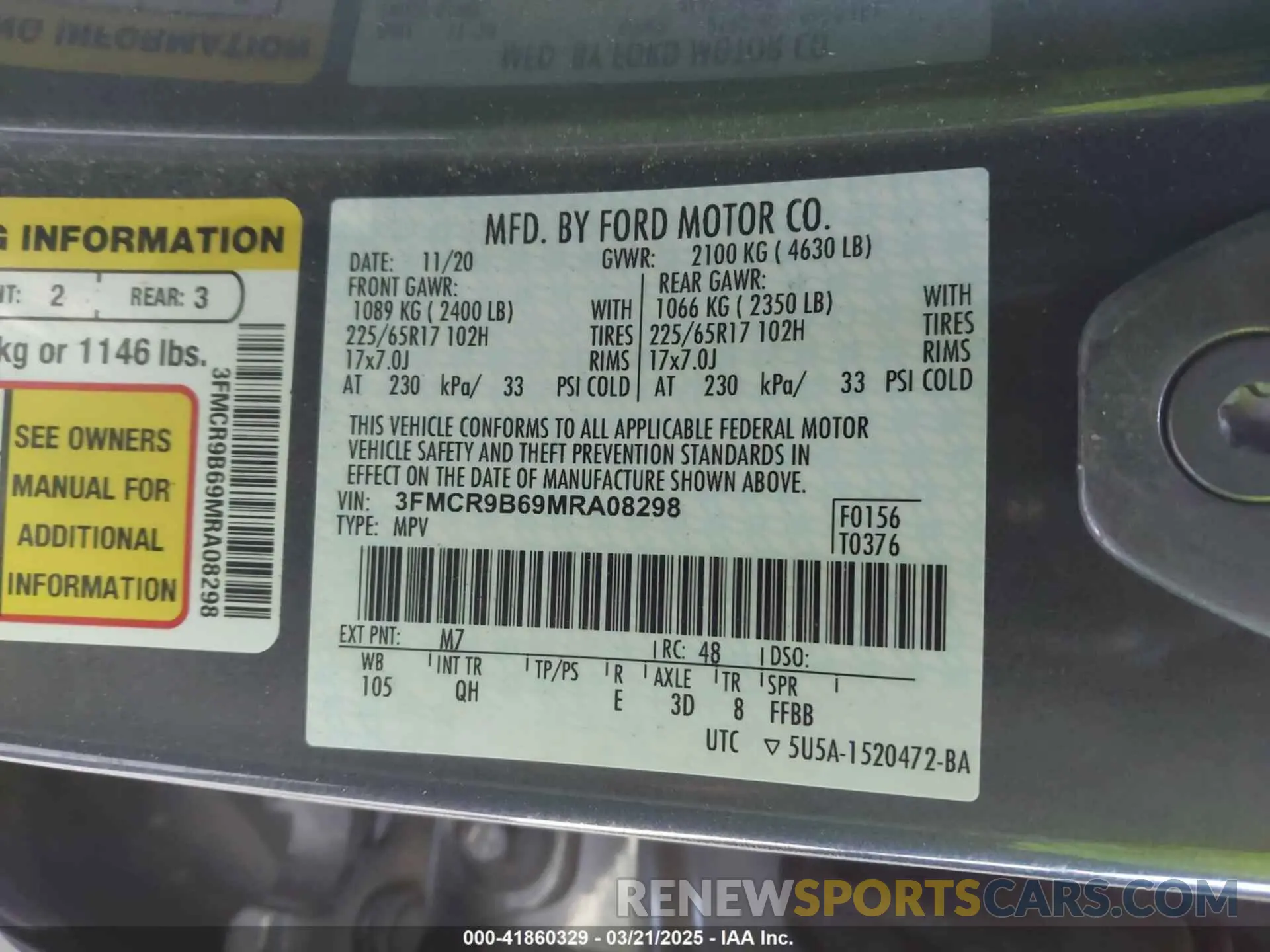 9 Photograph of a damaged car 3FMCR9B69MRA08298 FORD BRONCO SPORT 2021