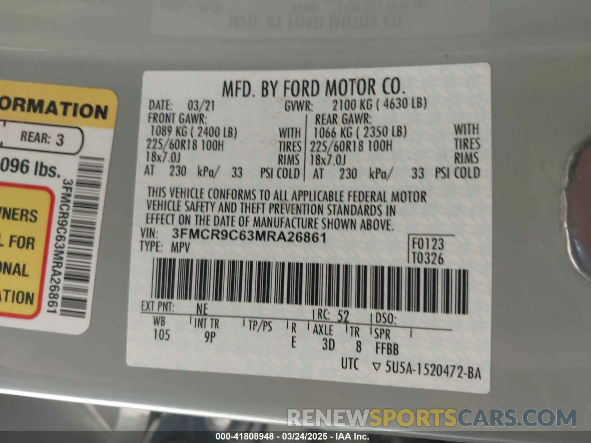 9 Photograph of a damaged car 3FMCR9C63MRA26861 FORD BRONCO SPORT 2021