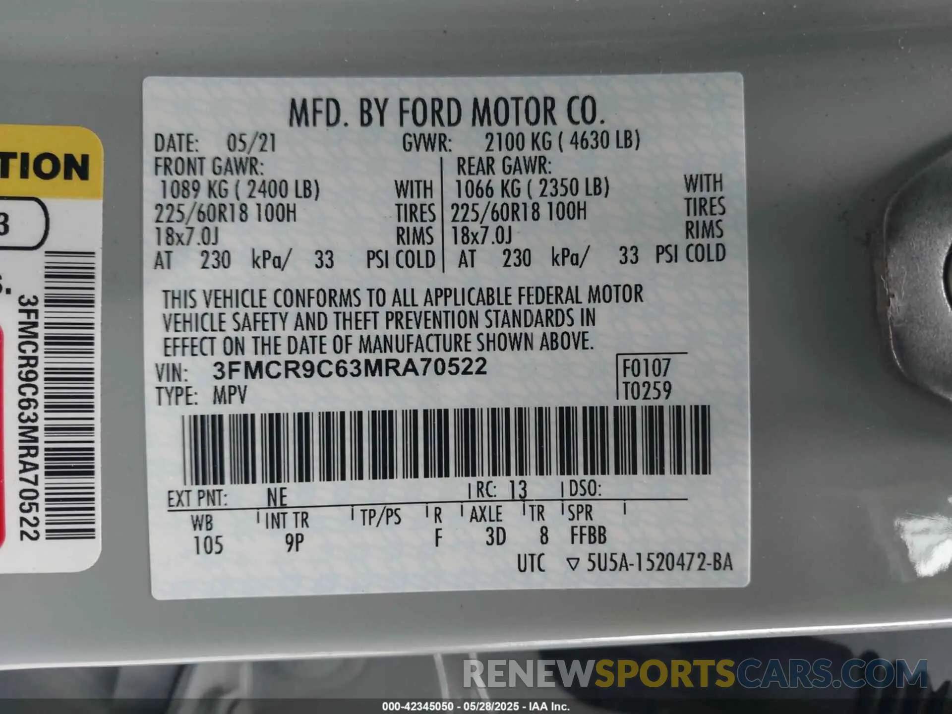 9 Photograph of a damaged car 3FMCR9C63MRA70522 FORD BRONCO SPORT 2021