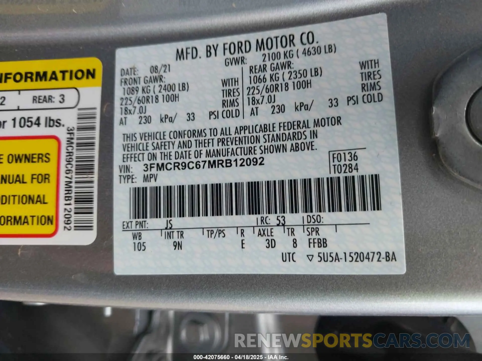 9 Photograph of a damaged car 3FMCR9C67MRB12092 FORD BRONCO SPORT 2021