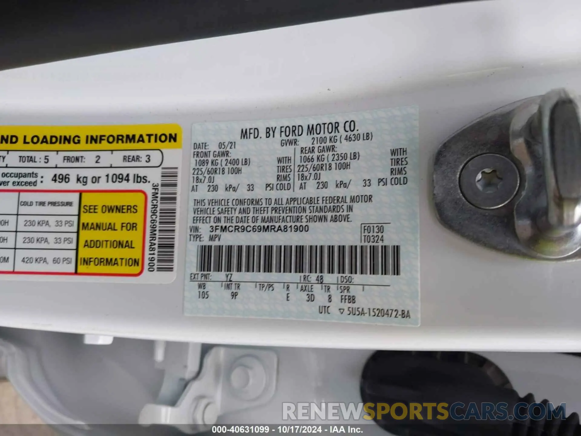 9 Photograph of a damaged car 3FMCR9C69MRA81900 FORD BRONCO SPORT 2021