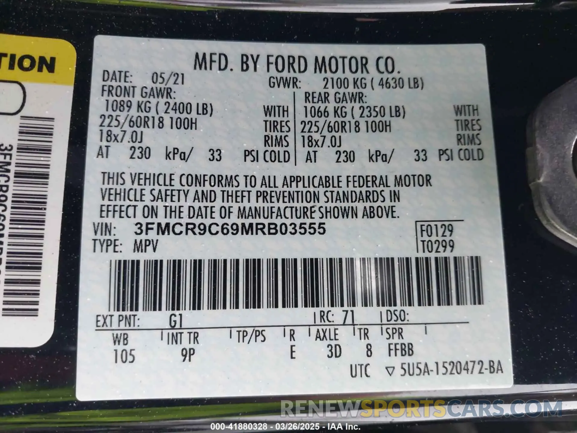 9 Photograph of a damaged car 3FMCR9C69MRB03555 FORD BRONCO SPORT 2021