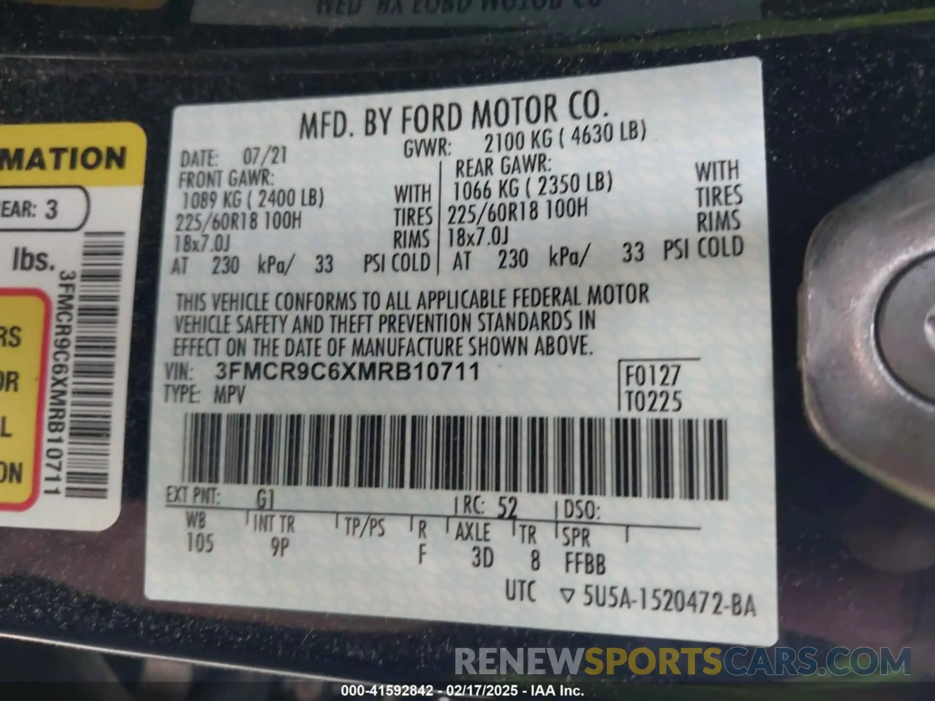 9 Photograph of a damaged car 3FMCR9C6XMRB10711 FORD BRONCO SPORT 2021
