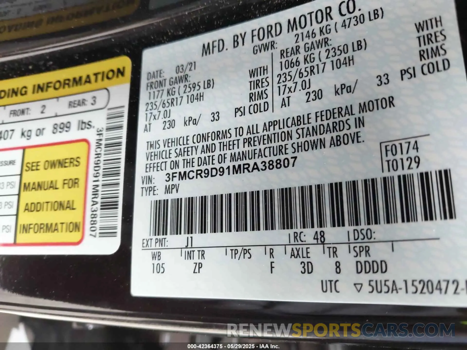 9 Photograph of a damaged car 3FMCR9D91MRA38807 FORD BRONCO SPORT 2021