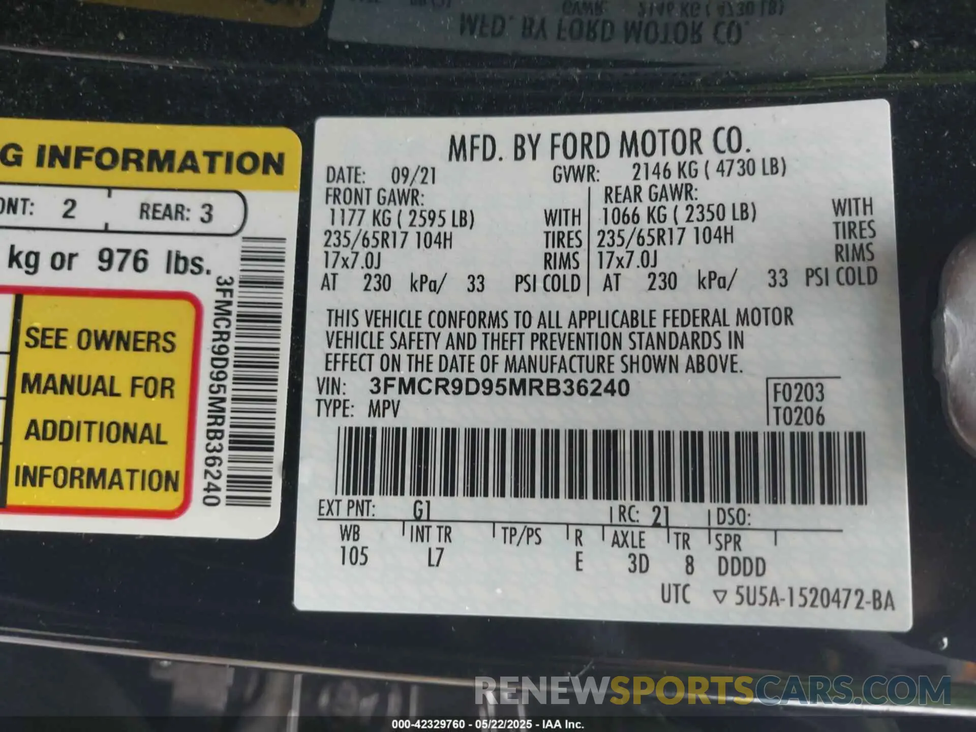 9 Photograph of a damaged car 3FMCR9D95MRB36240 FORD BRONCO SPORT 2021