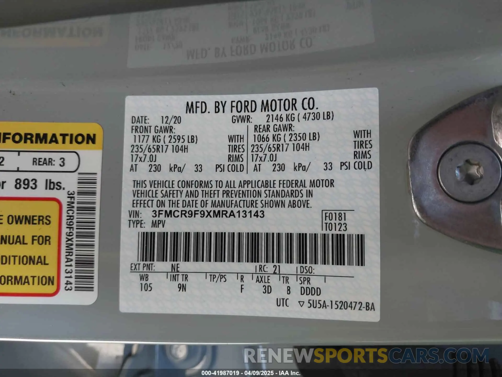 9 Photograph of a damaged car 3FMCR9F9XMRA13143 FORD BRONCO SPORT 2021