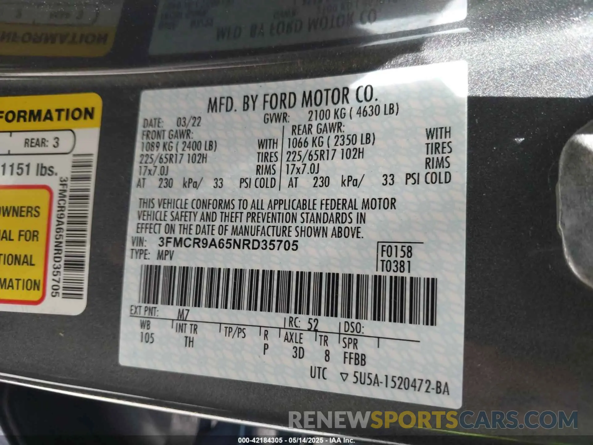 9 Photograph of a damaged car 3FMCR9A65NRD35705 FORD BRONCO SPORT 2022