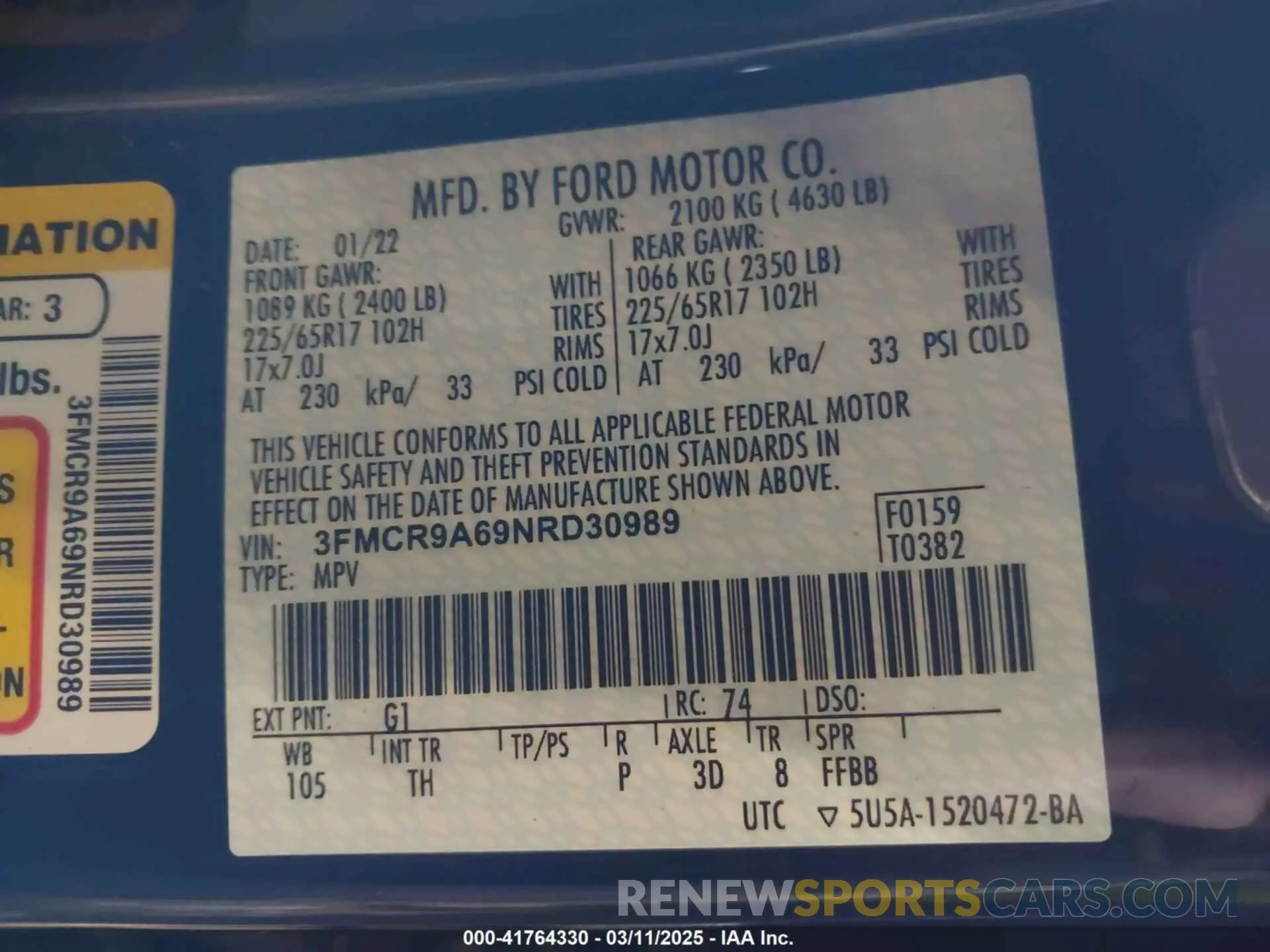 9 Photograph of a damaged car 3FMCR9A69NRD30989 FORD BRONCO SPORT 2022