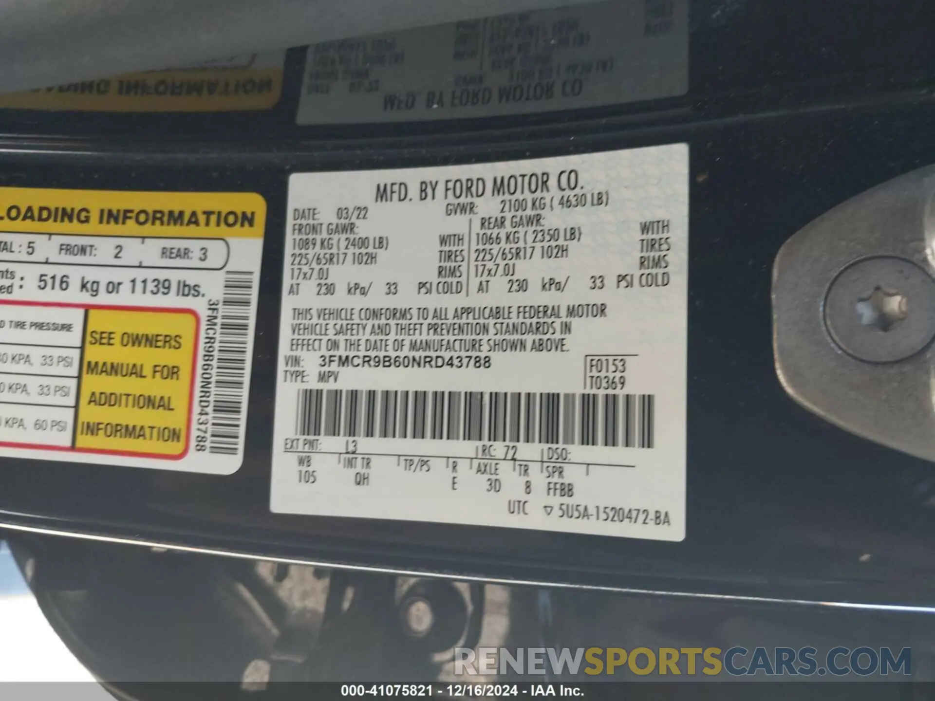 9 Photograph of a damaged car 3FMCR9B60NRD43788 FORD BRONCO SPORT 2022