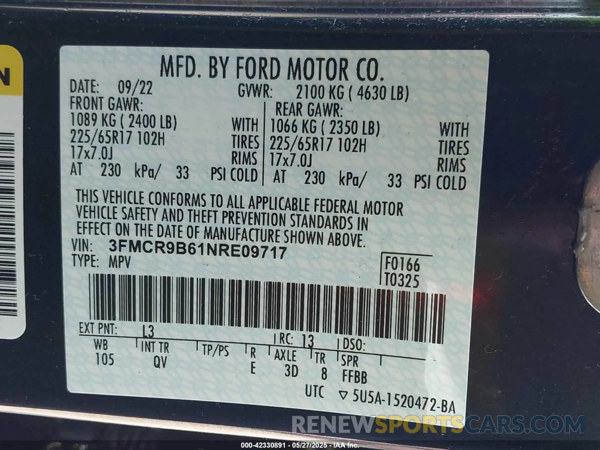 9 Photograph of a damaged car 3FMCR9B61NRE09717 FORD BRONCO SPORT 2022