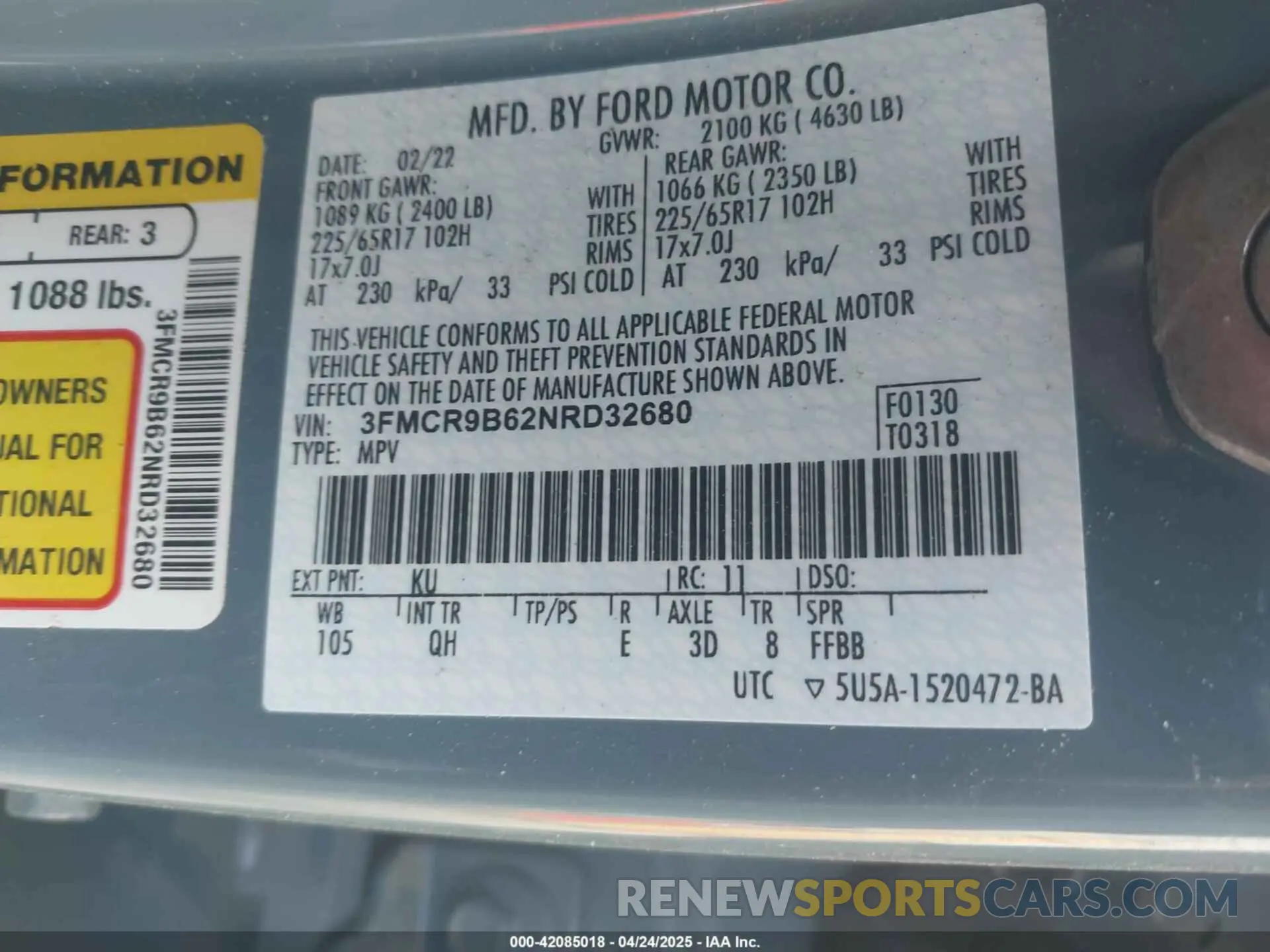 9 Photograph of a damaged car 3FMCR9B62NRD32680 FORD BRONCO SPORT 2022