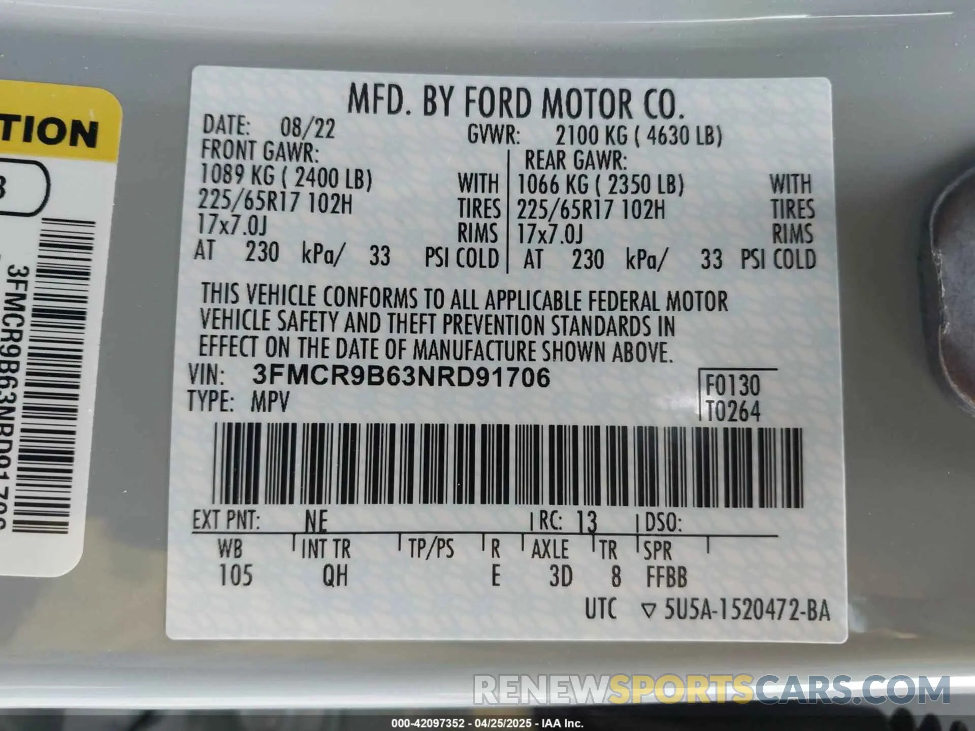 9 Photograph of a damaged car 3FMCR9B63NRD91706 FORD BRONCO SPORT 2022