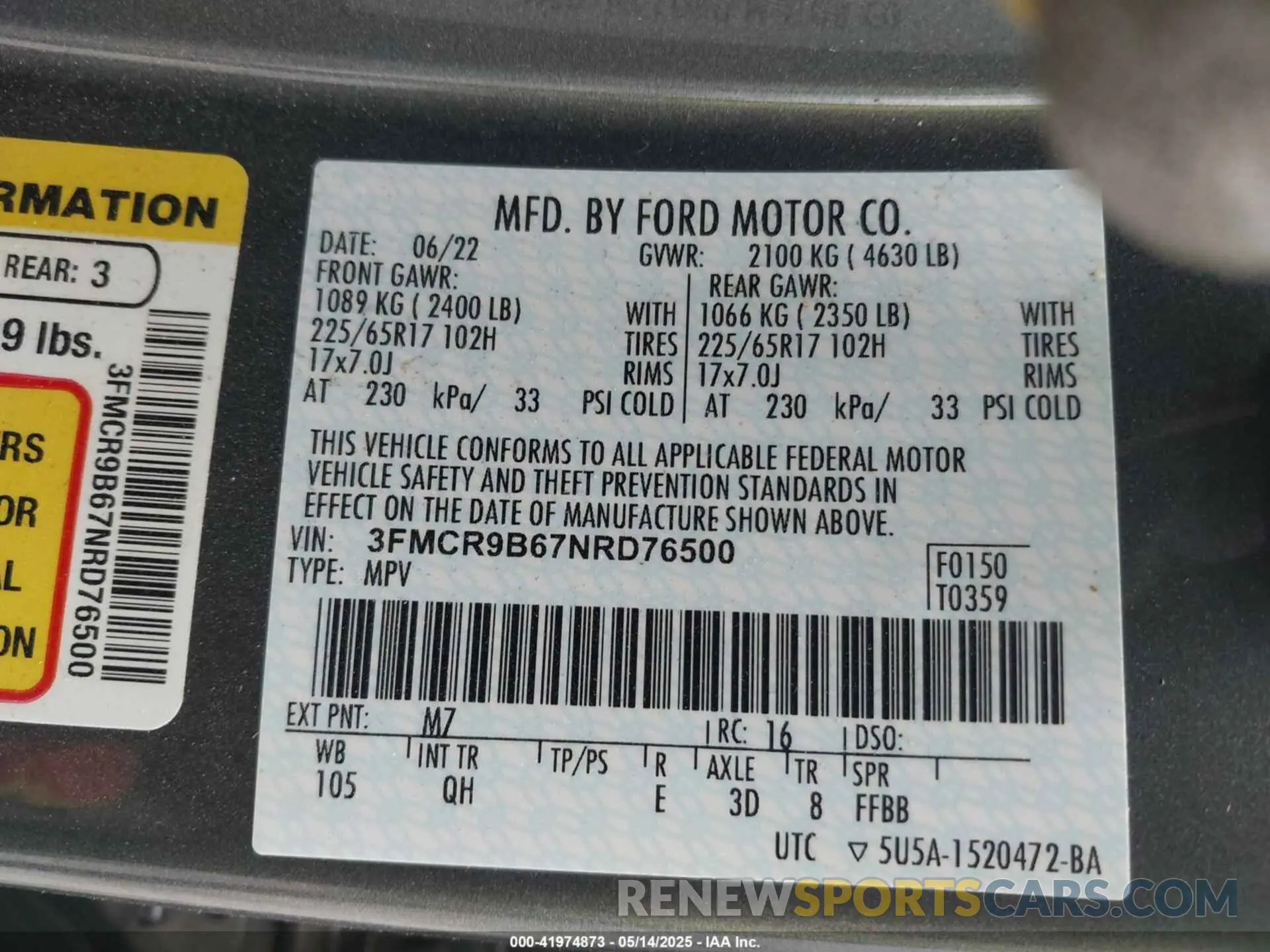9 Photograph of a damaged car 3FMCR9B67NRD76500 FORD BRONCO SPORT 2022