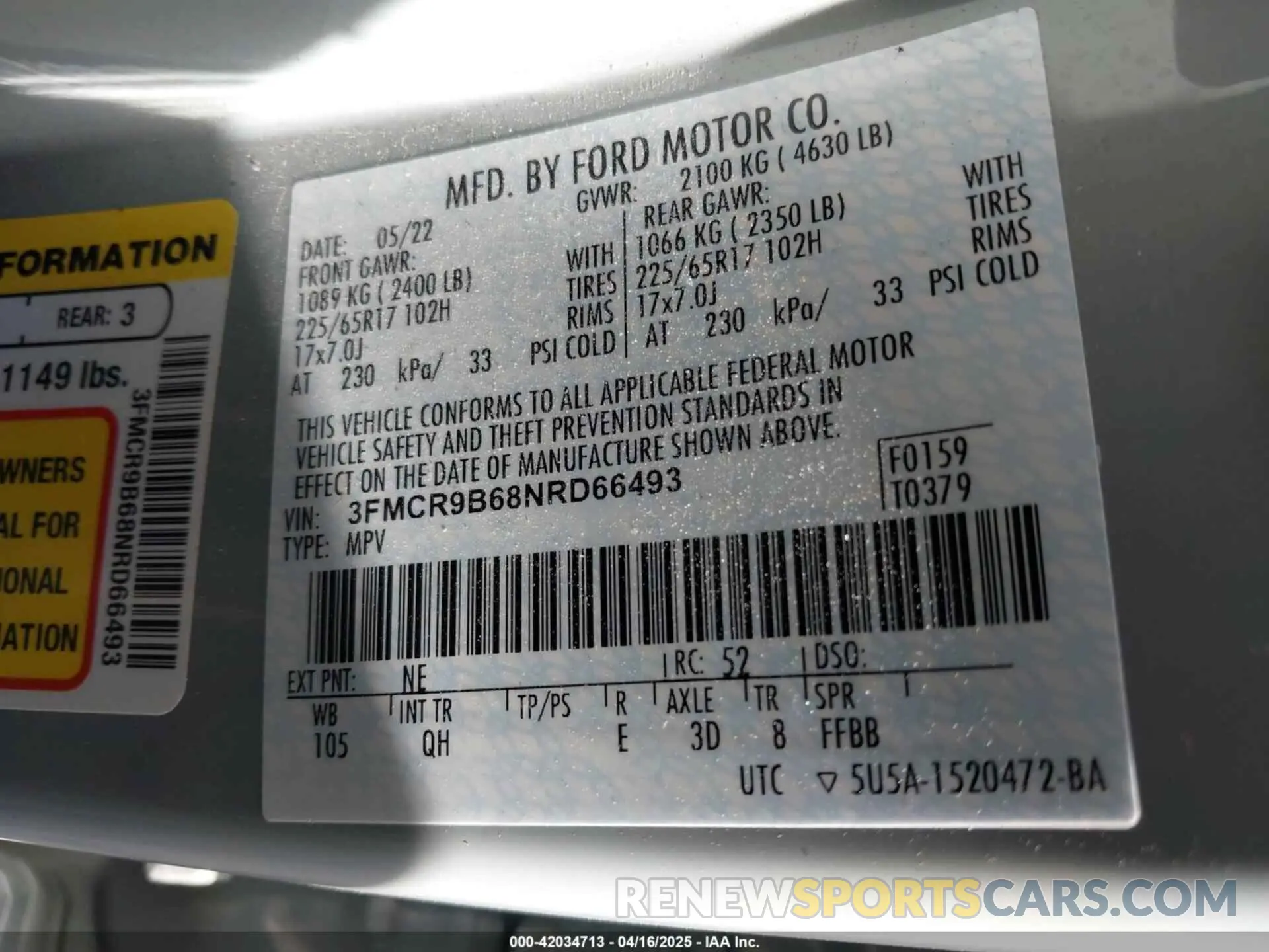 9 Photograph of a damaged car 3FMCR9B68NRD66493 FORD BRONCO SPORT 2022