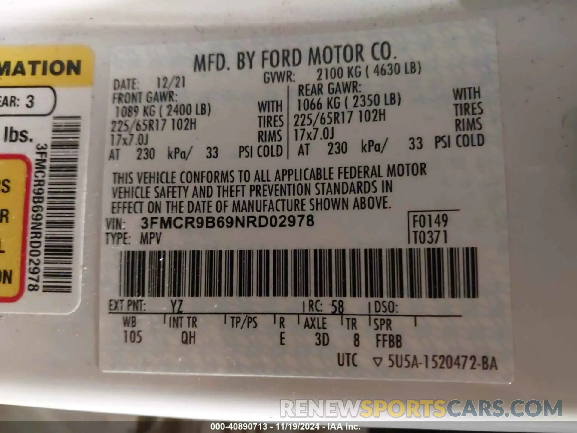 9 Photograph of a damaged car 3FMCR9B69NRD02978 FORD BRONCO SPORT 2022