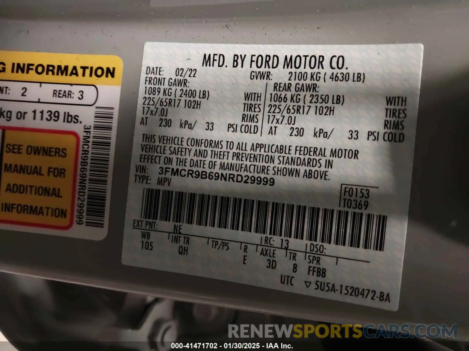 9 Photograph of a damaged car 3FMCR9B69NRD29999 FORD BRONCO SPORT 2022