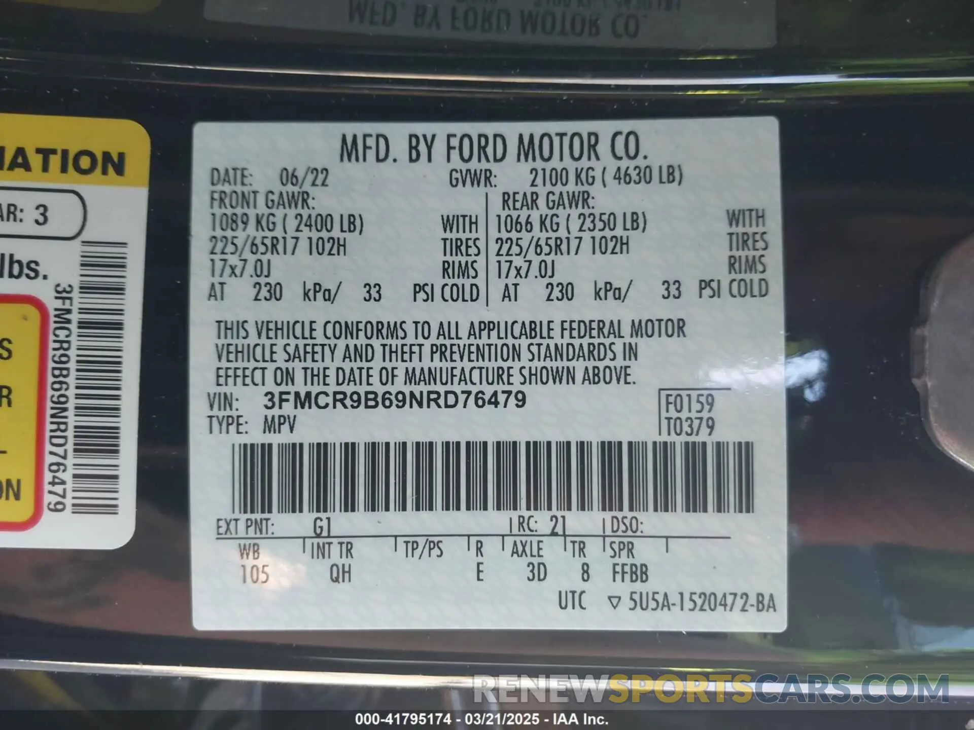 9 Photograph of a damaged car 3FMCR9B69NRD76479 FORD BRONCO SPORT 2022