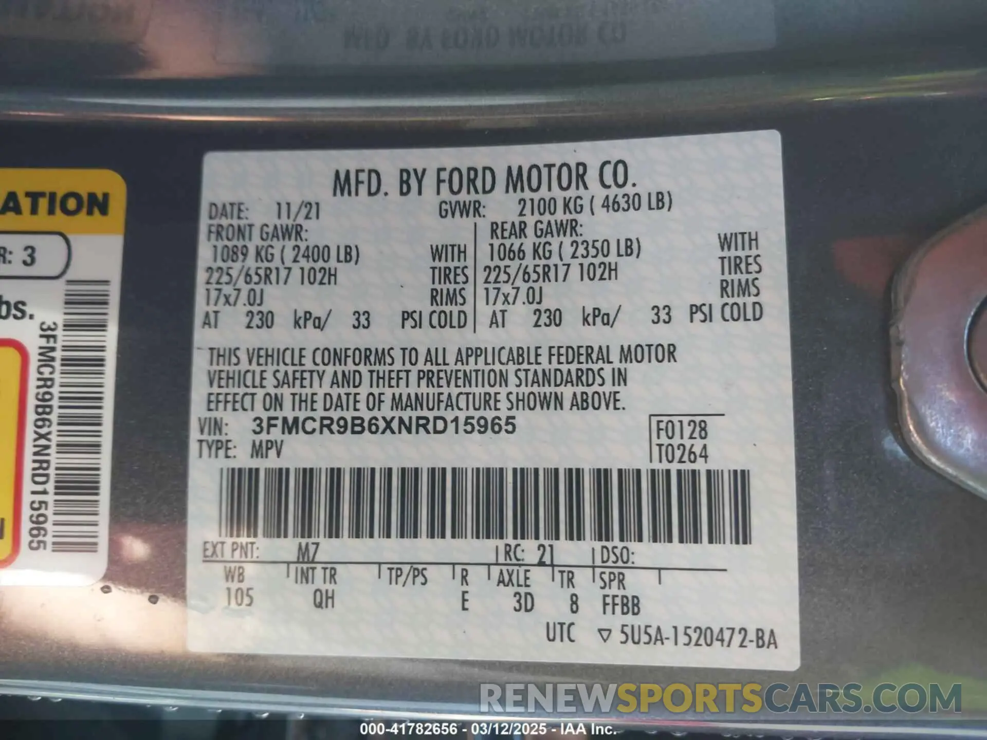 9 Photograph of a damaged car 3FMCR9B6XNRD15965 FORD BRONCO SPORT 2022