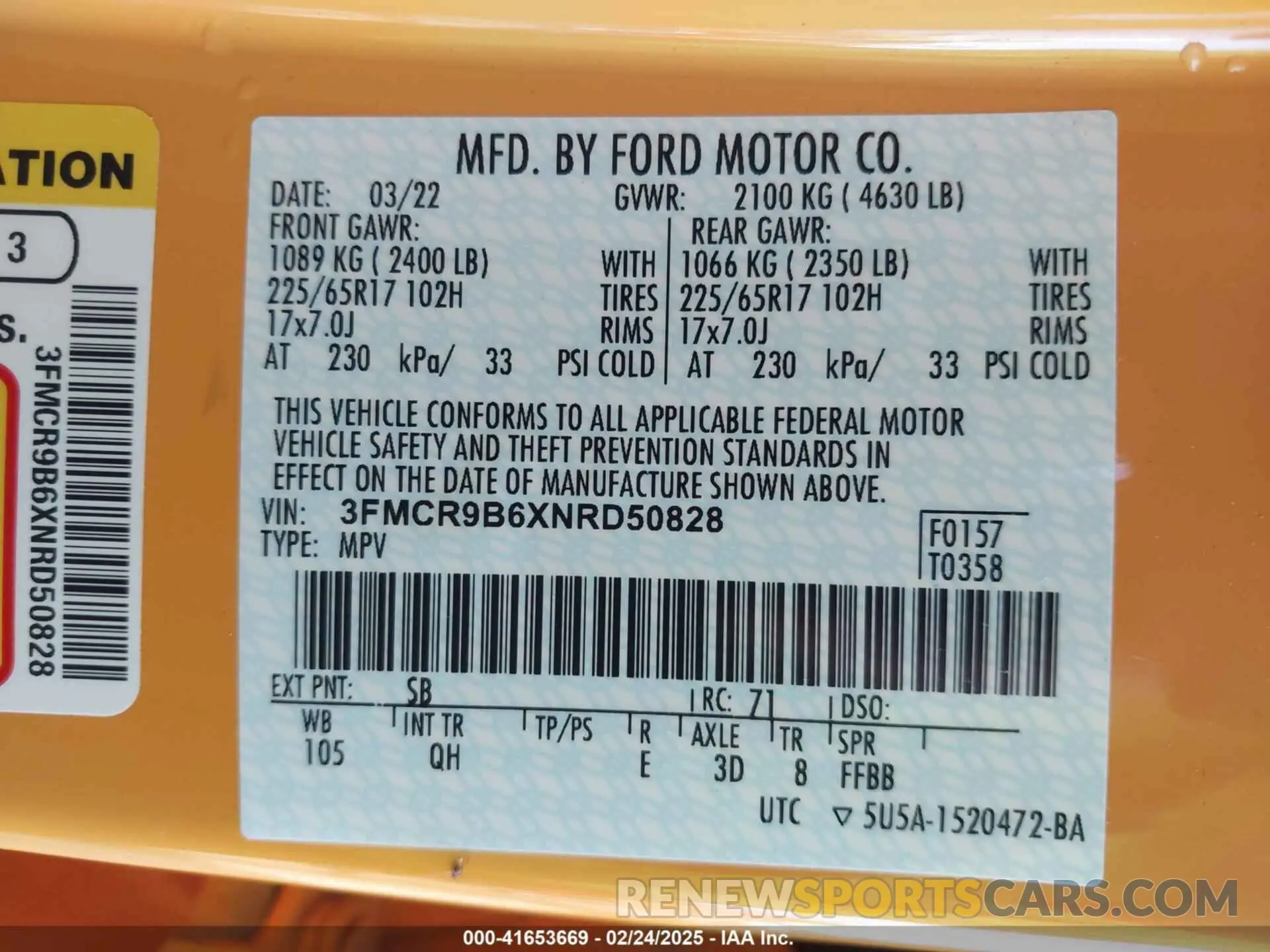 9 Photograph of a damaged car 3FMCR9B6XNRD50828 FORD BRONCO SPORT 2022