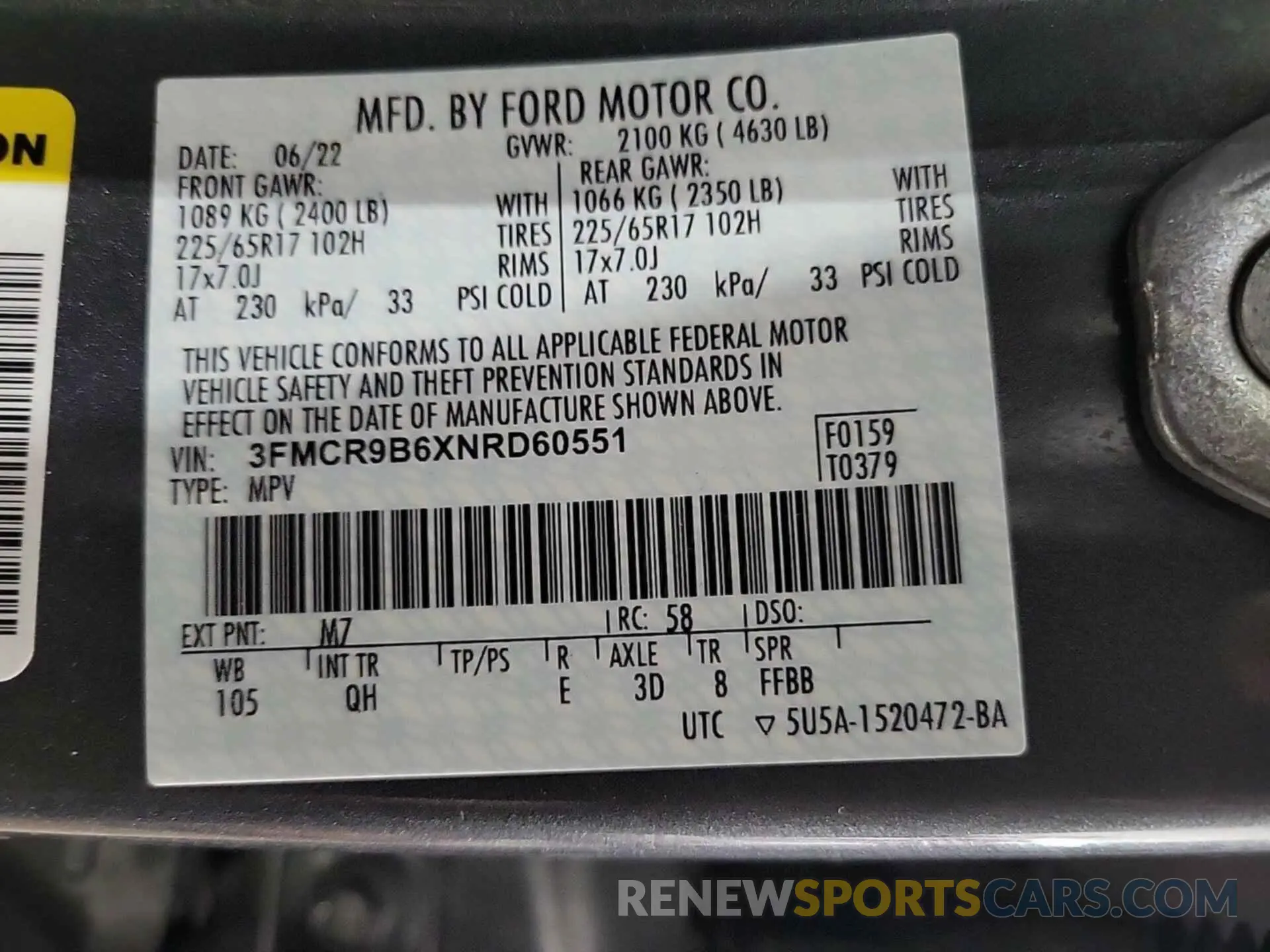 39 Photograph of a damaged car 3FMCR9B6XNRD60551 FORD BRONCO SPORT 2022