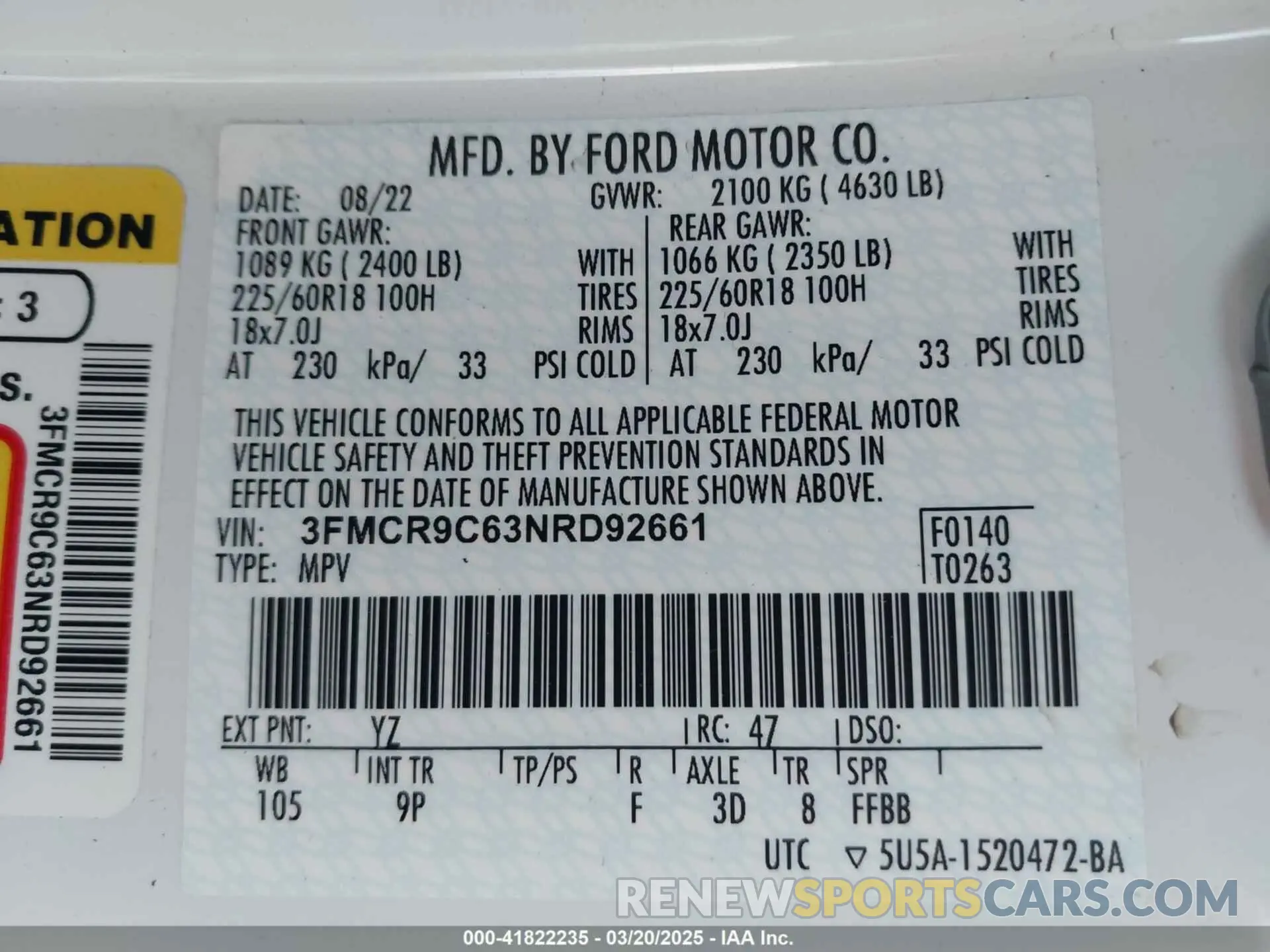 9 Photograph of a damaged car 3FMCR9C63NRD92661 FORD BRONCO SPORT 2022