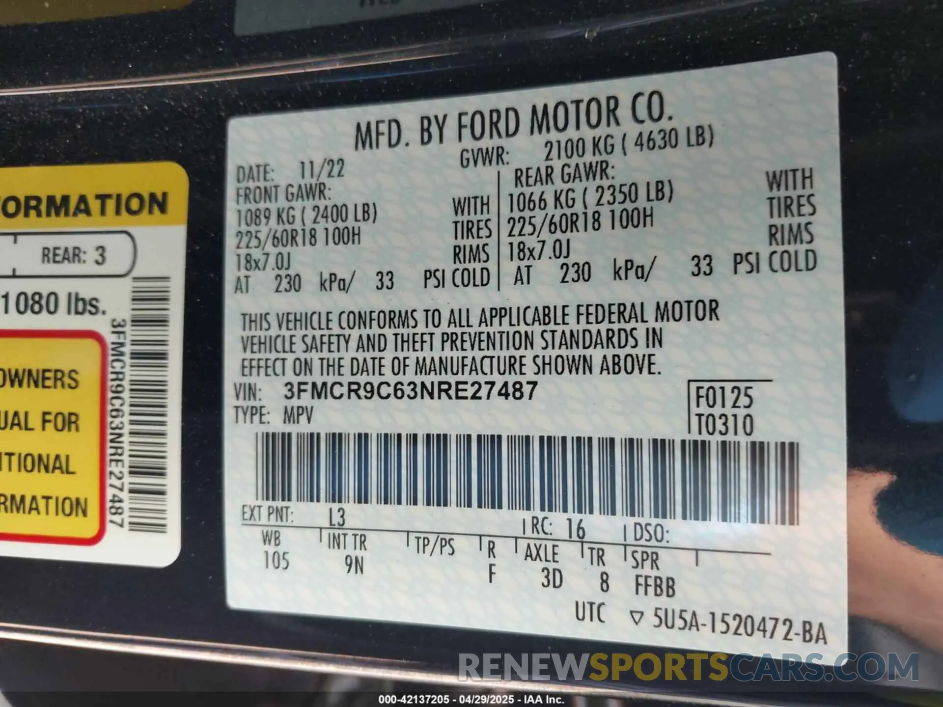 9 Photograph of a damaged car 3FMCR9C63NRE27487 FORD BRONCO SPORT 2022