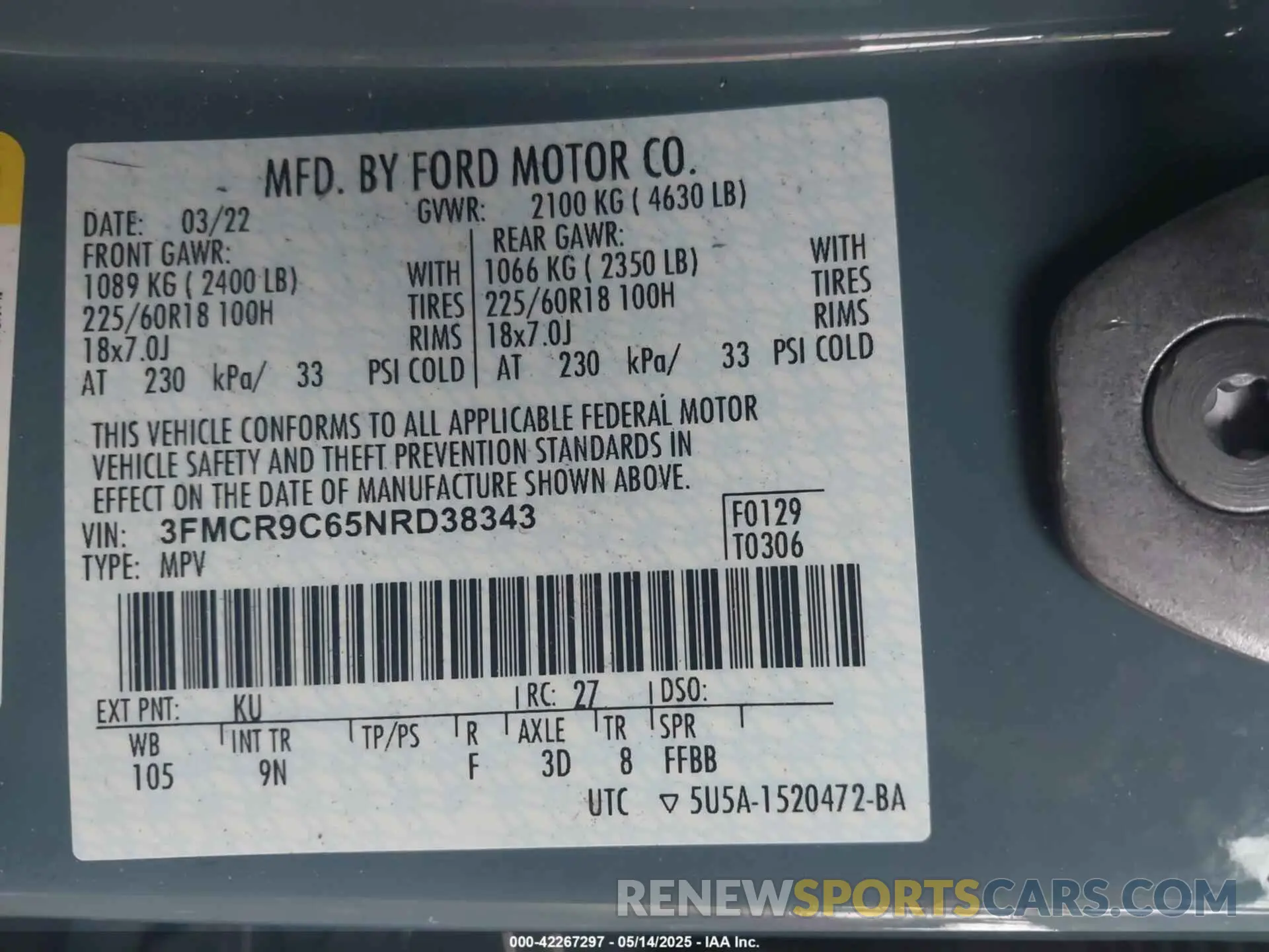 9 Photograph of a damaged car 3FMCR9C65NRD38343 FORD BRONCO SPORT 2022