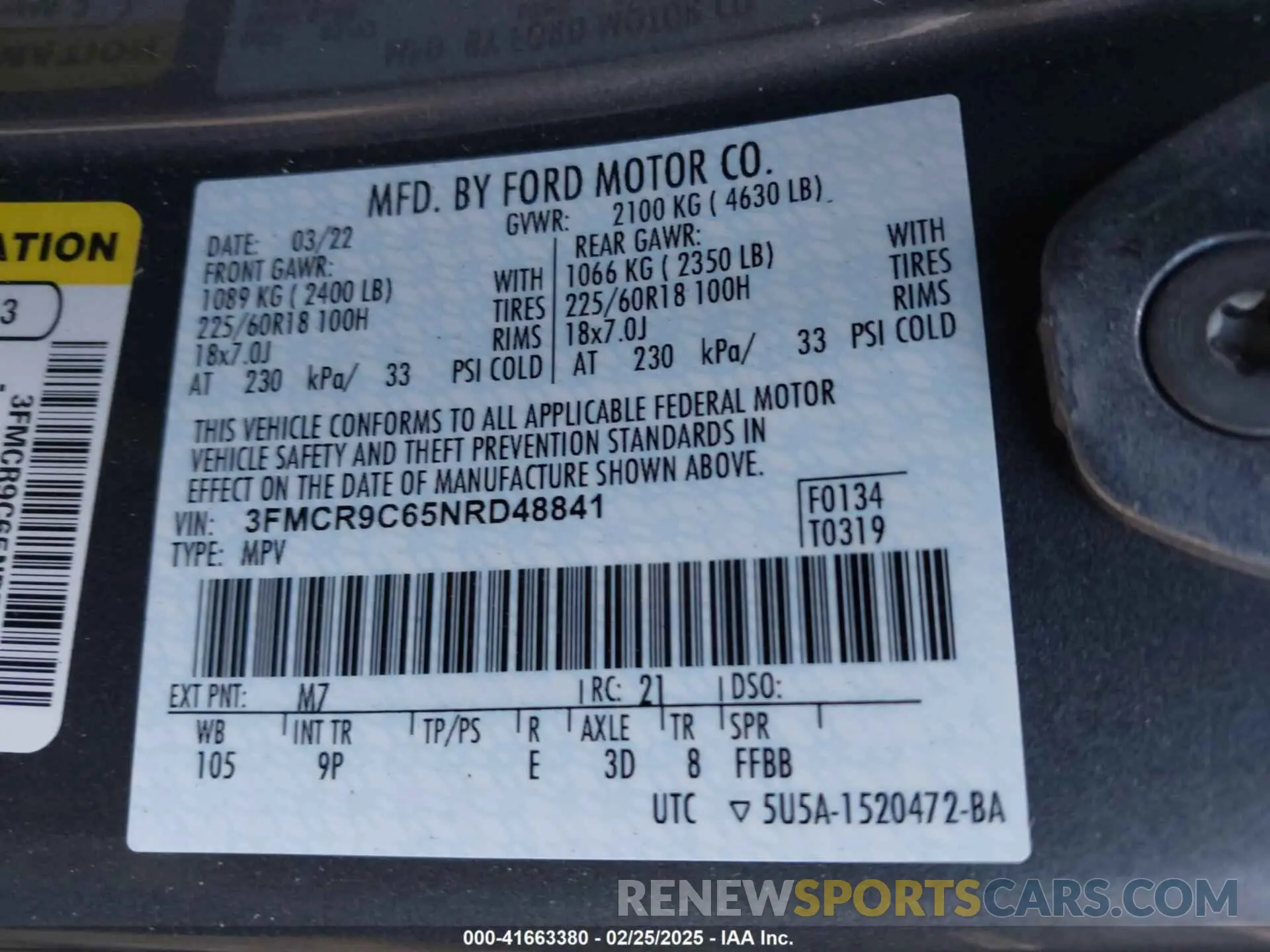 9 Photograph of a damaged car 3FMCR9C65NRD48841 FORD BRONCO SPORT 2022