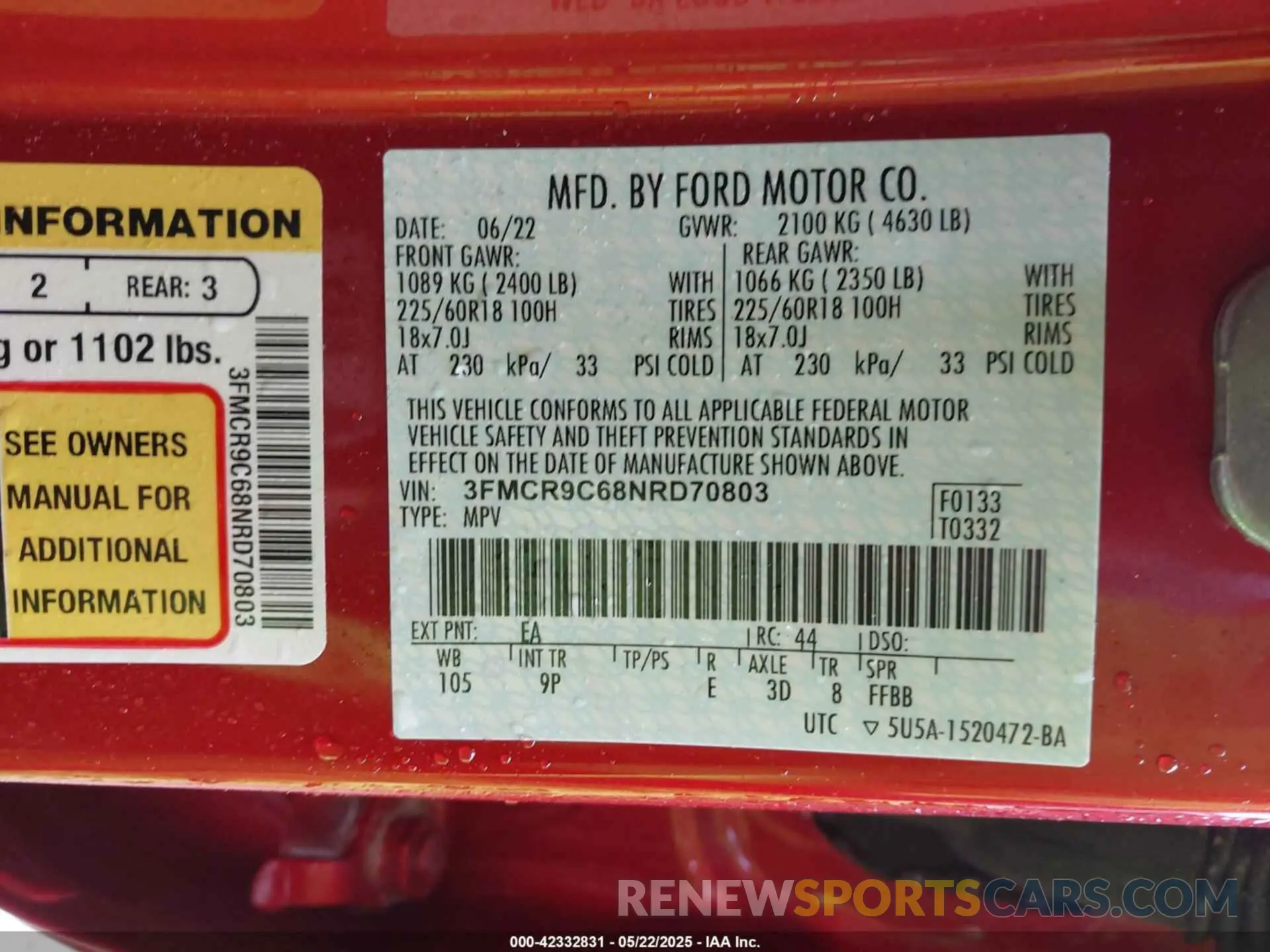 9 Photograph of a damaged car 3FMCR9C68NRD70803 FORD BRONCO SPORT 2022