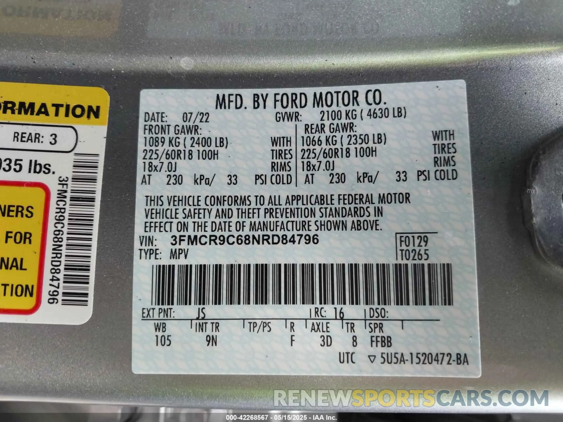 9 Photograph of a damaged car 3FMCR9C68NRD84796 FORD BRONCO SPORT 2022