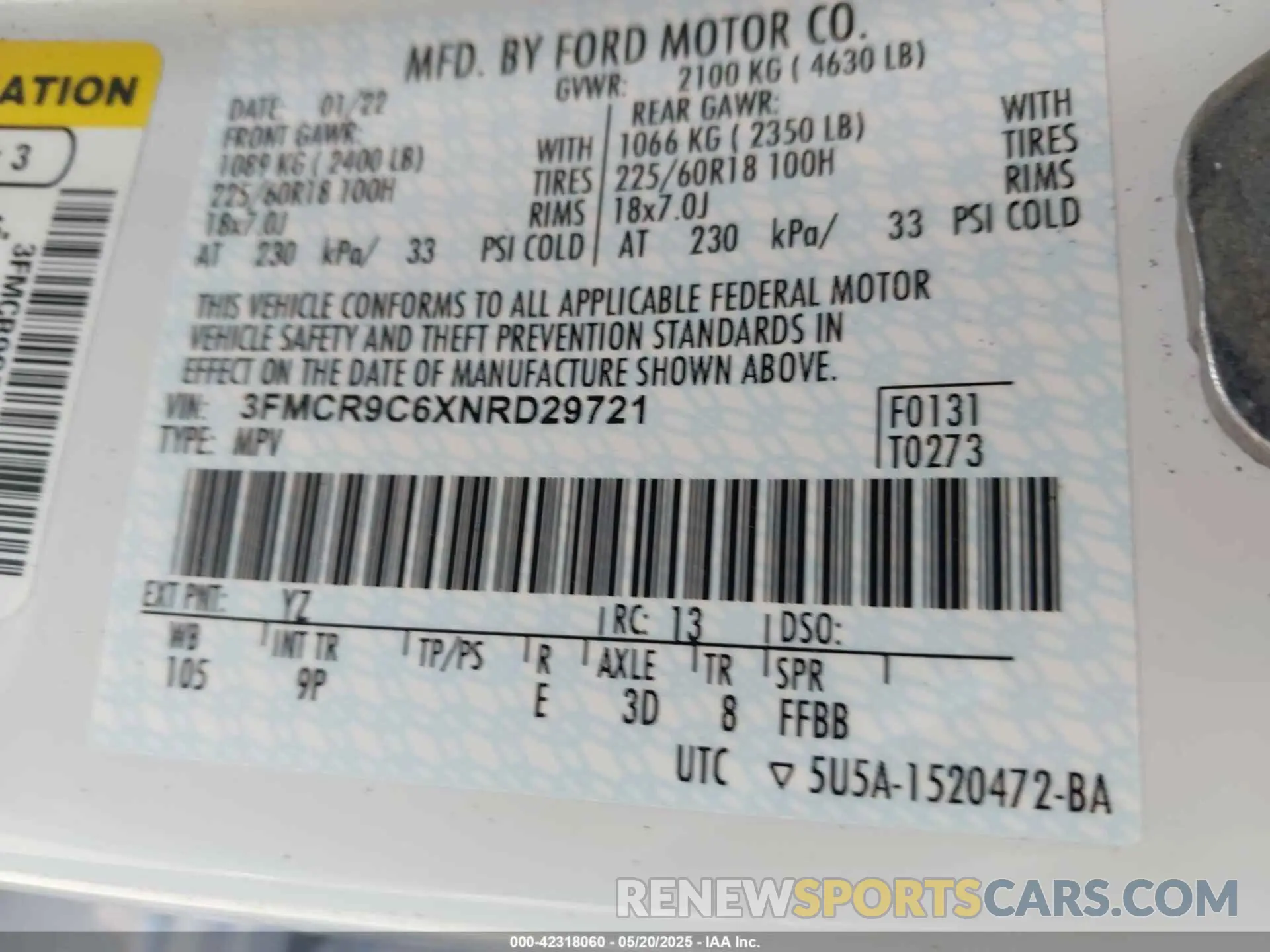 9 Photograph of a damaged car 3FMCR9C6XNRD29721 FORD BRONCO SPORT 2022