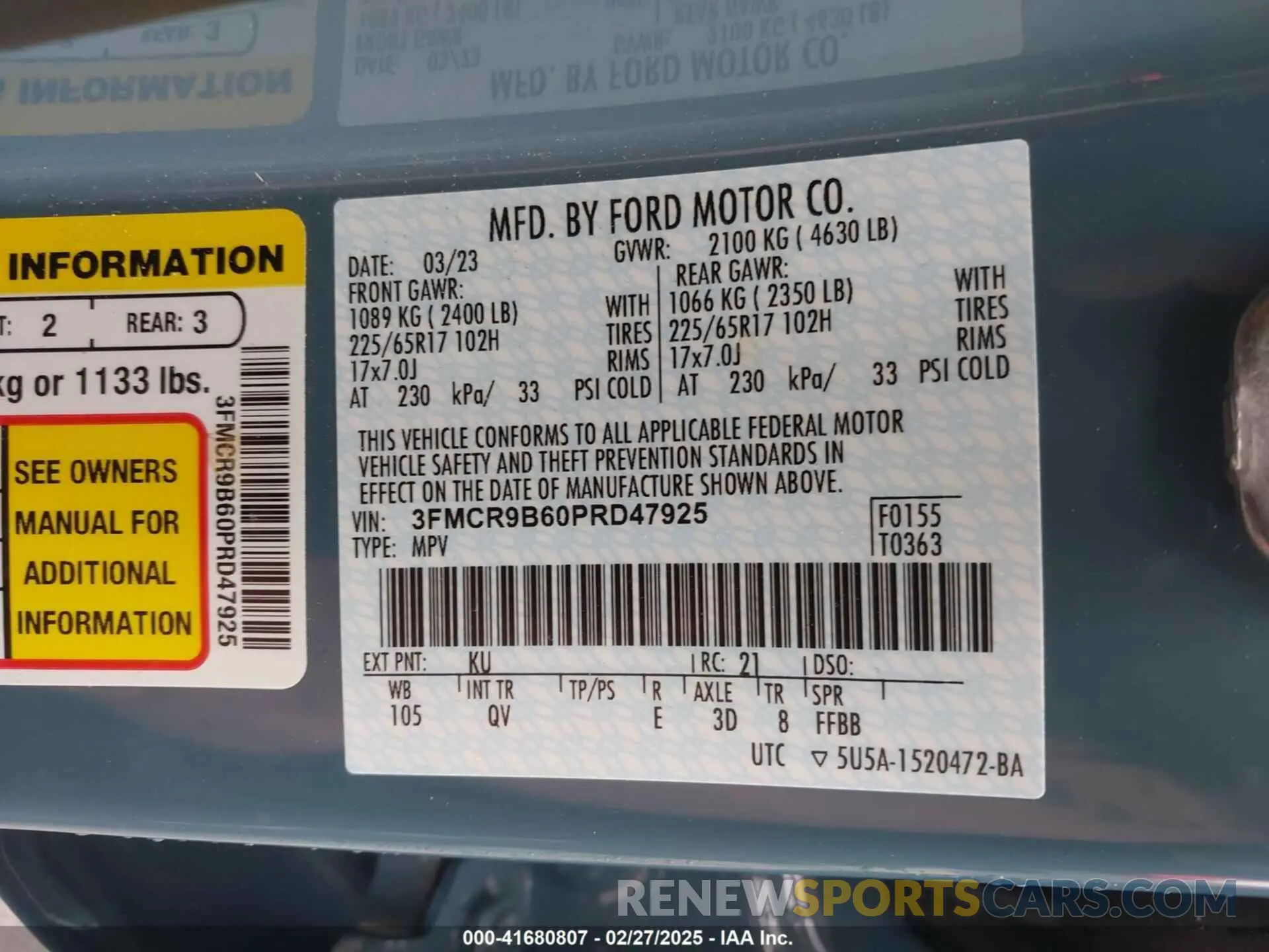 9 Photograph of a damaged car 3FMCR9B60PRD47925 FORD BRONCO SPORT 2023