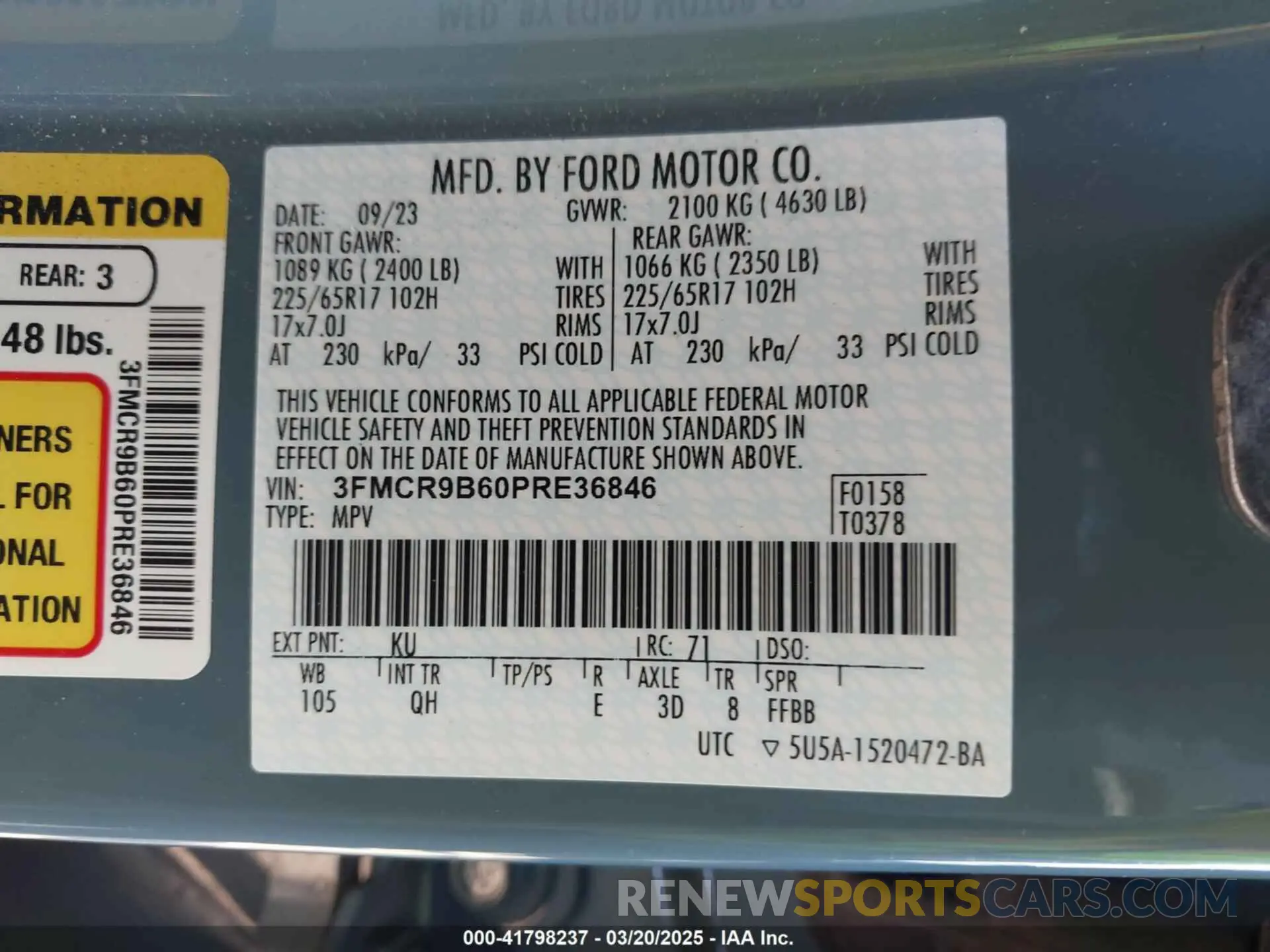 9 Photograph of a damaged car 3FMCR9B60PRE36846 FORD BRONCO SPORT 2023
